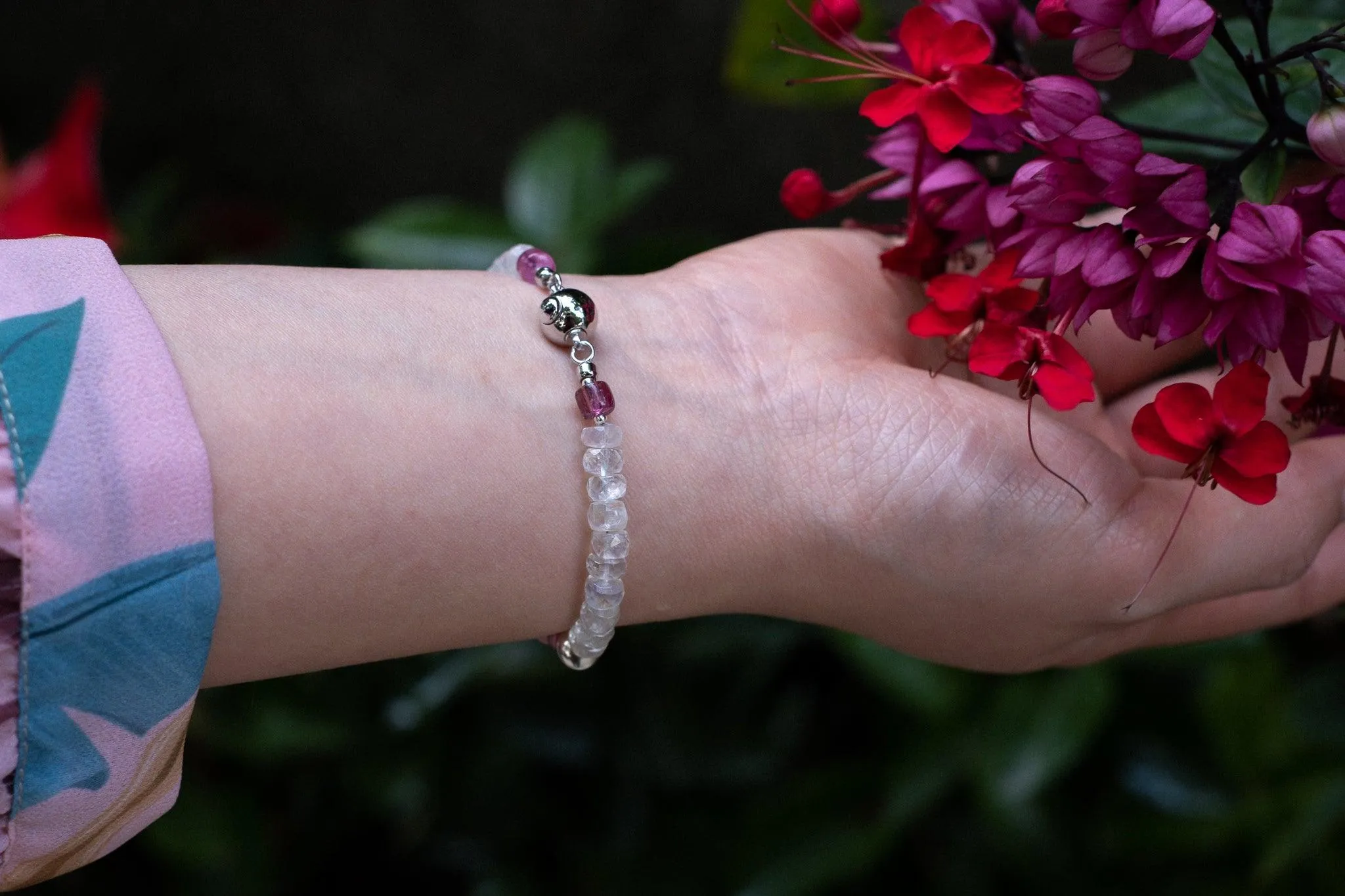 Peony - Rhodochrosite Tourmaline Rainbow Moonstone Bracelet