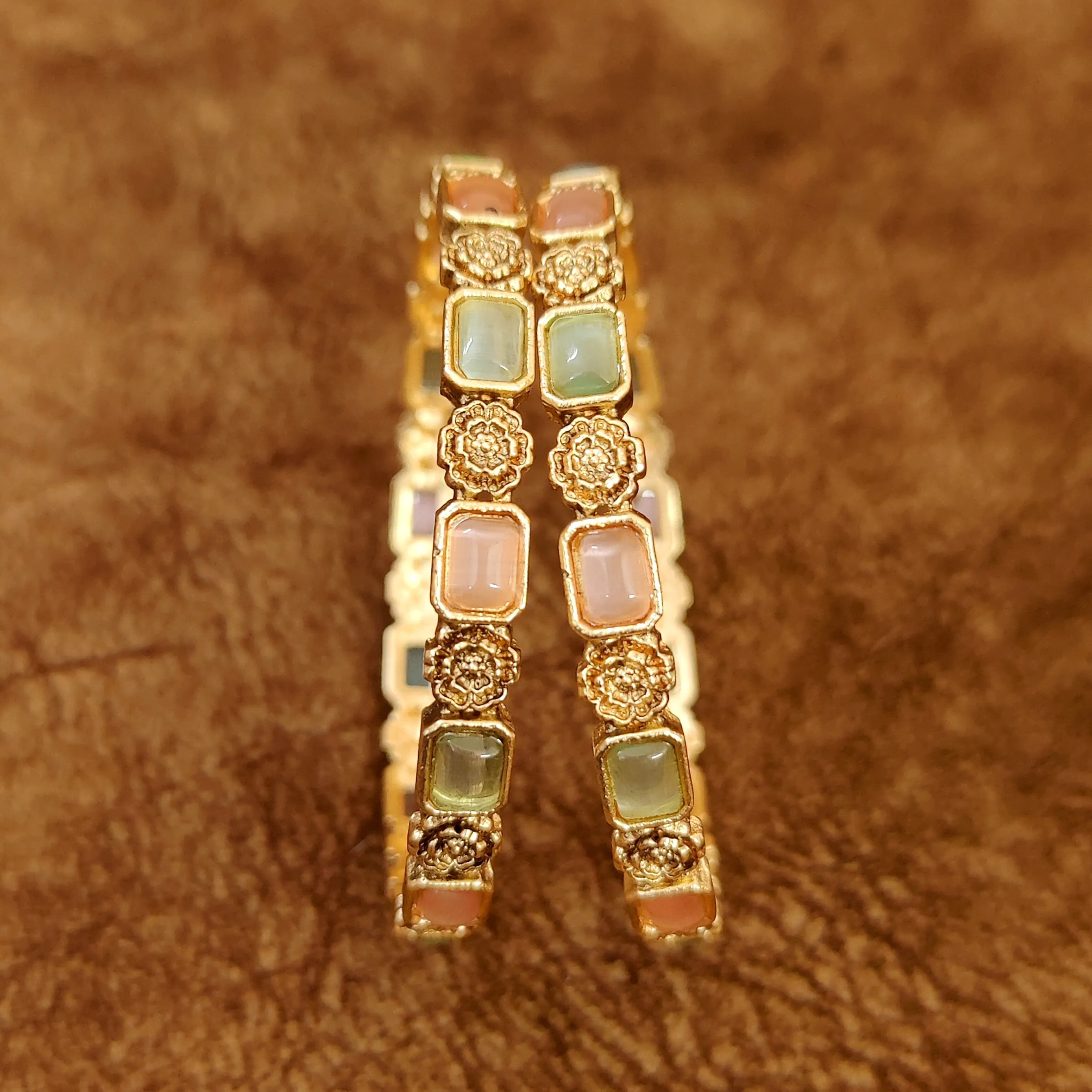 PINK & MINT ANTIQUE GOLD PLATED ETHNIC BANGLES