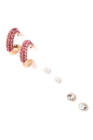 Pink & White Hoop and Stud Earrings Combo
