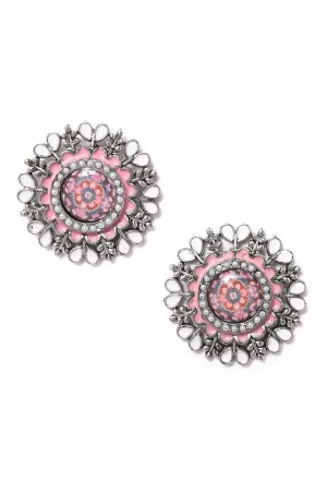 Pink & White Oxidised Ethnic Studs