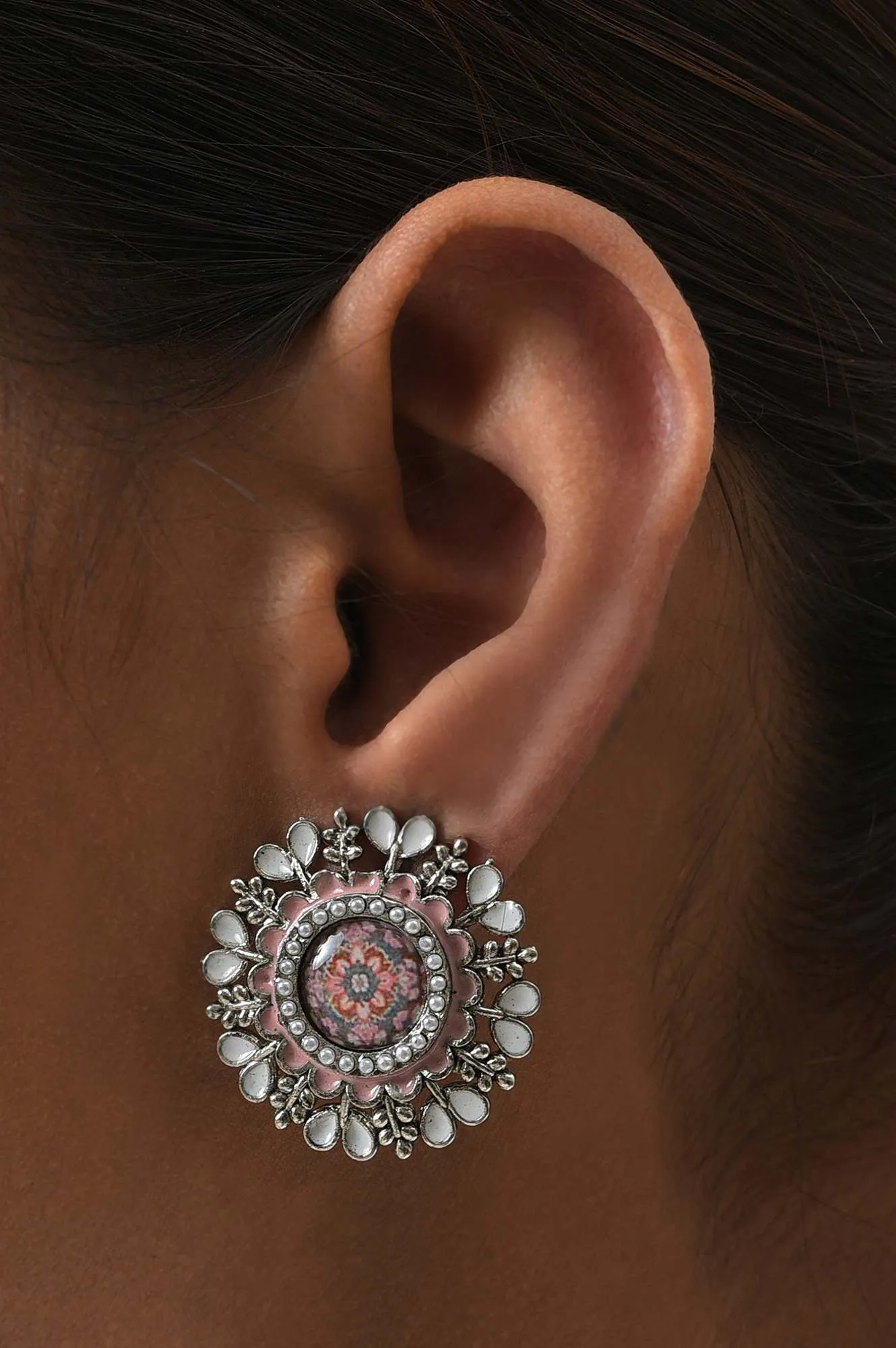 Pink & White Oxidised Ethnic Studs