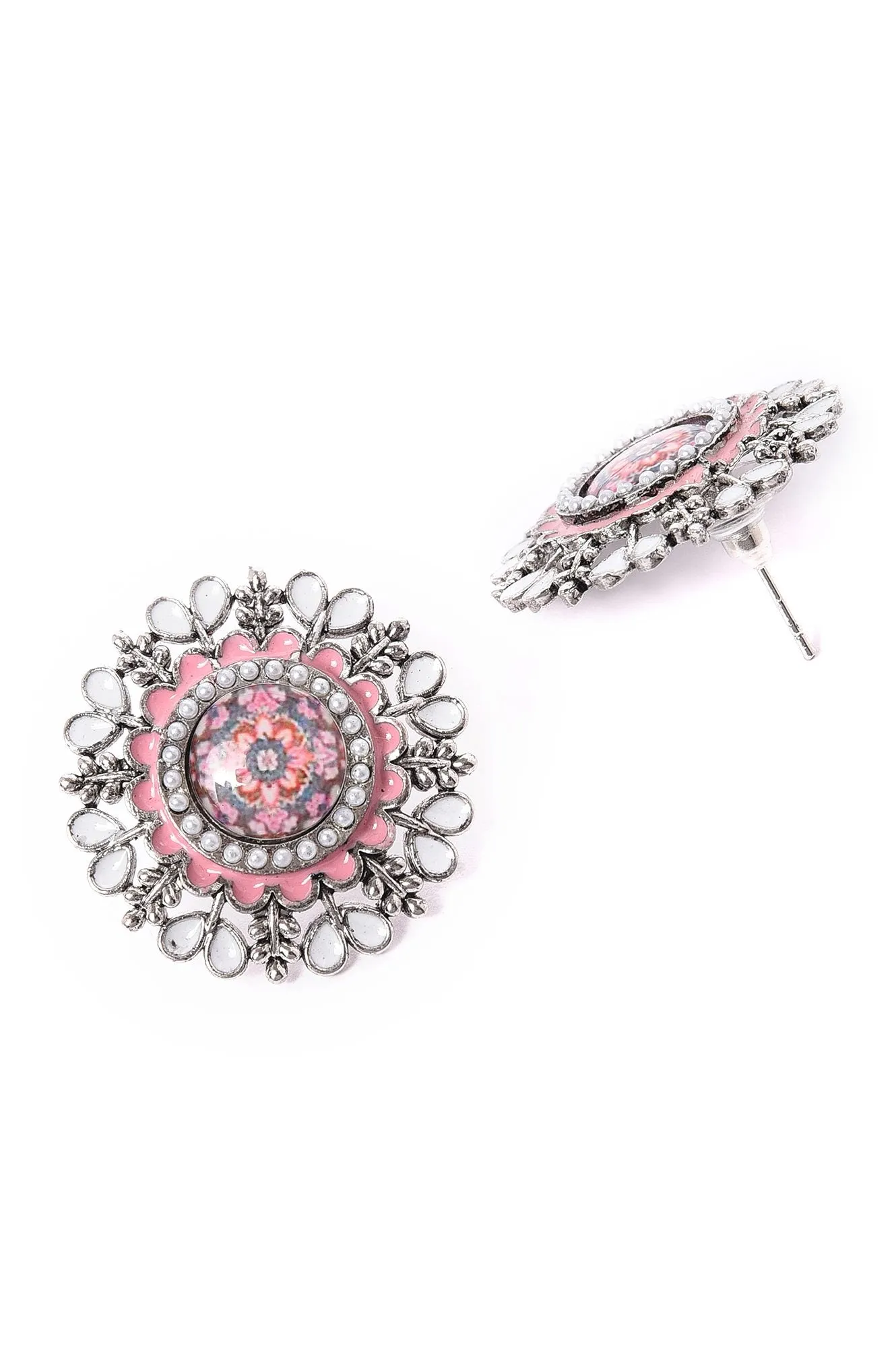 Pink & White Oxidised Ethnic Studs
