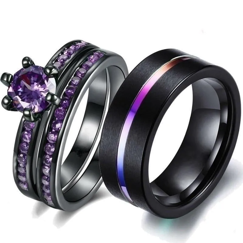 Rainbow Tungsten Men's Ring and Purple Zirconia Women's Ring Wedding Rings Set