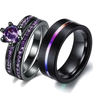 Rainbow Tungsten Men's Ring and Purple Zirconia Women's Ring Wedding Rings Set