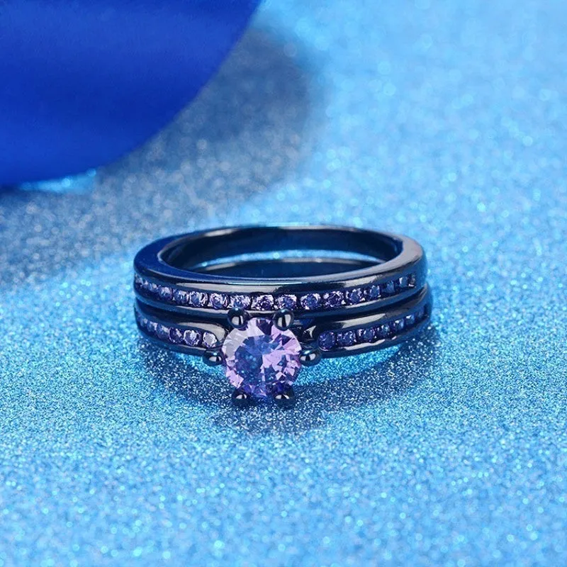 Rainbow Tungsten Men's Ring and Purple Zirconia Women's Ring Wedding Rings Set