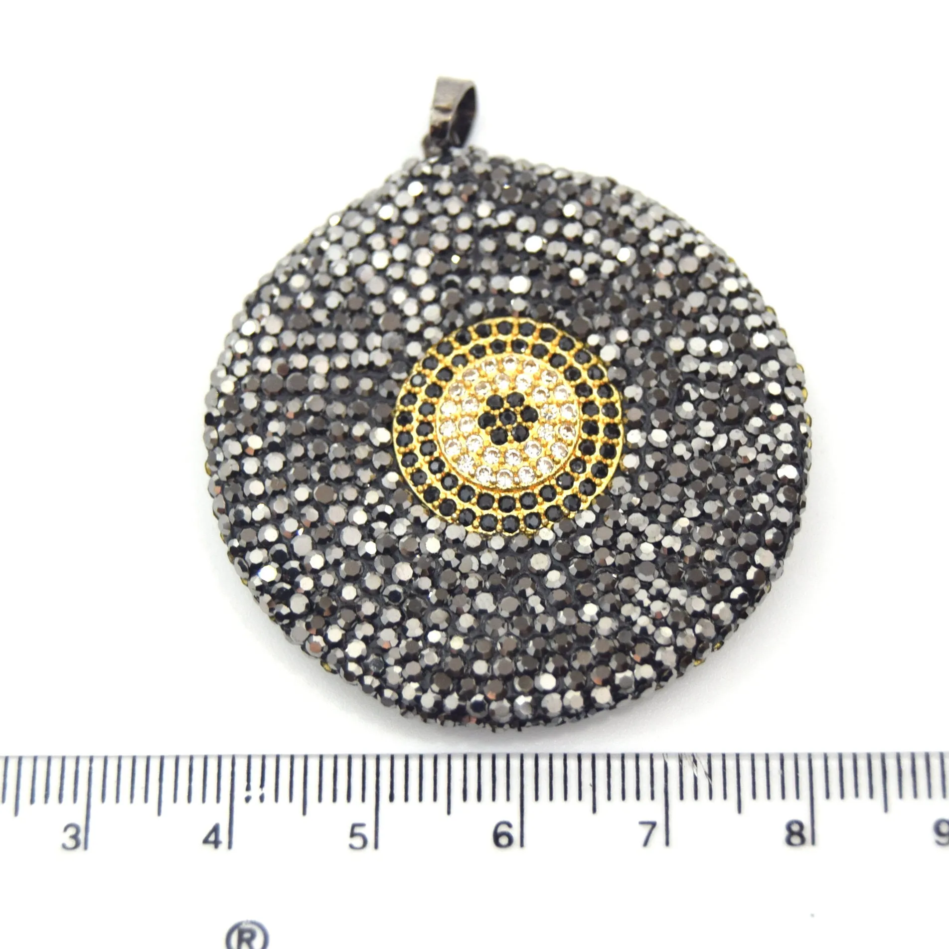 Rhinestone Encrusted Gold Coin/Disc Shaped Pendant with Natural White Shell Inlay on Reverse - Measuring 43mm x 43mm - Sold Individually