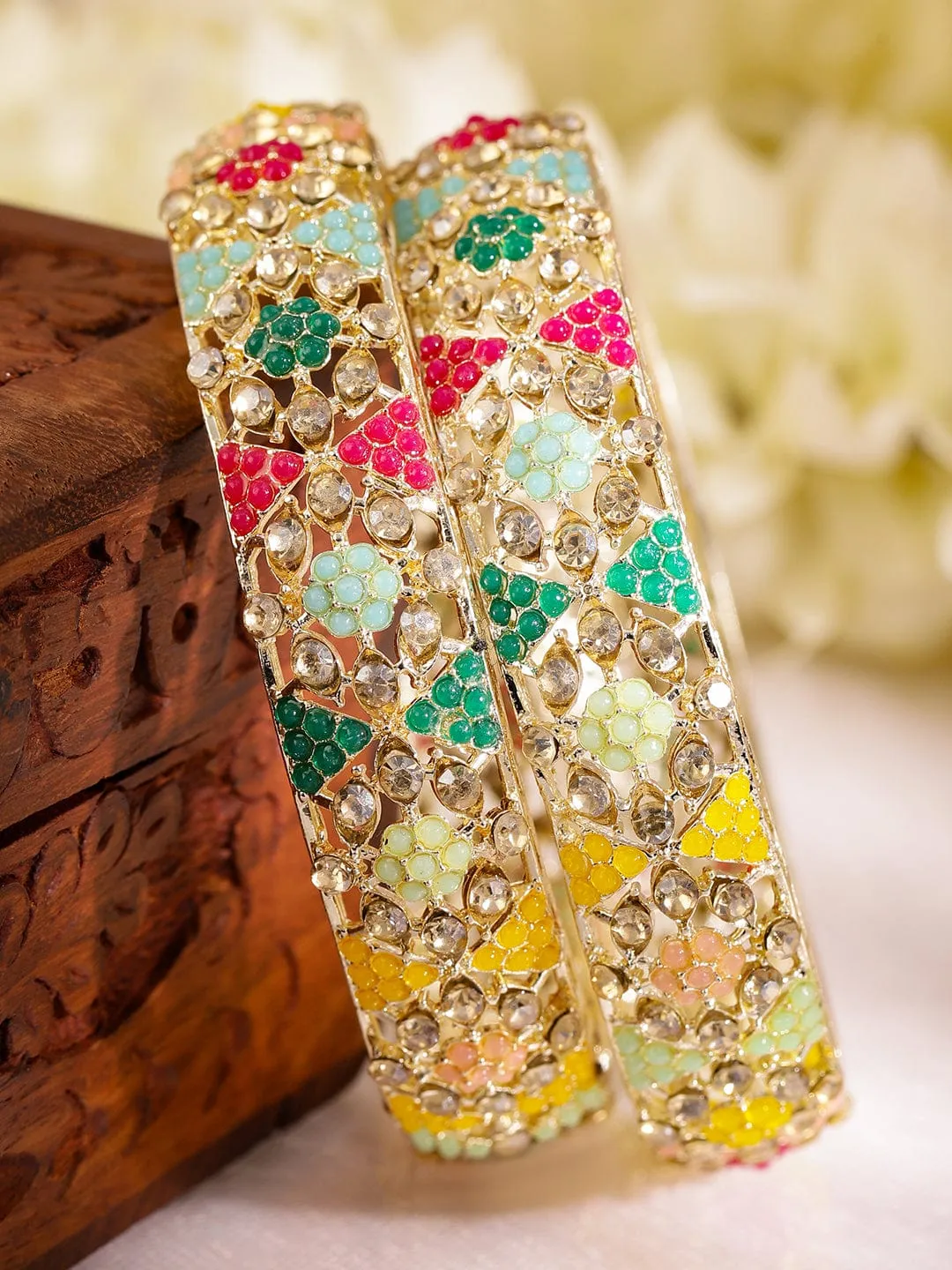 Rubans Set of 2 Stone Studded 22KT Gold Plated Stone Studded Bangles
