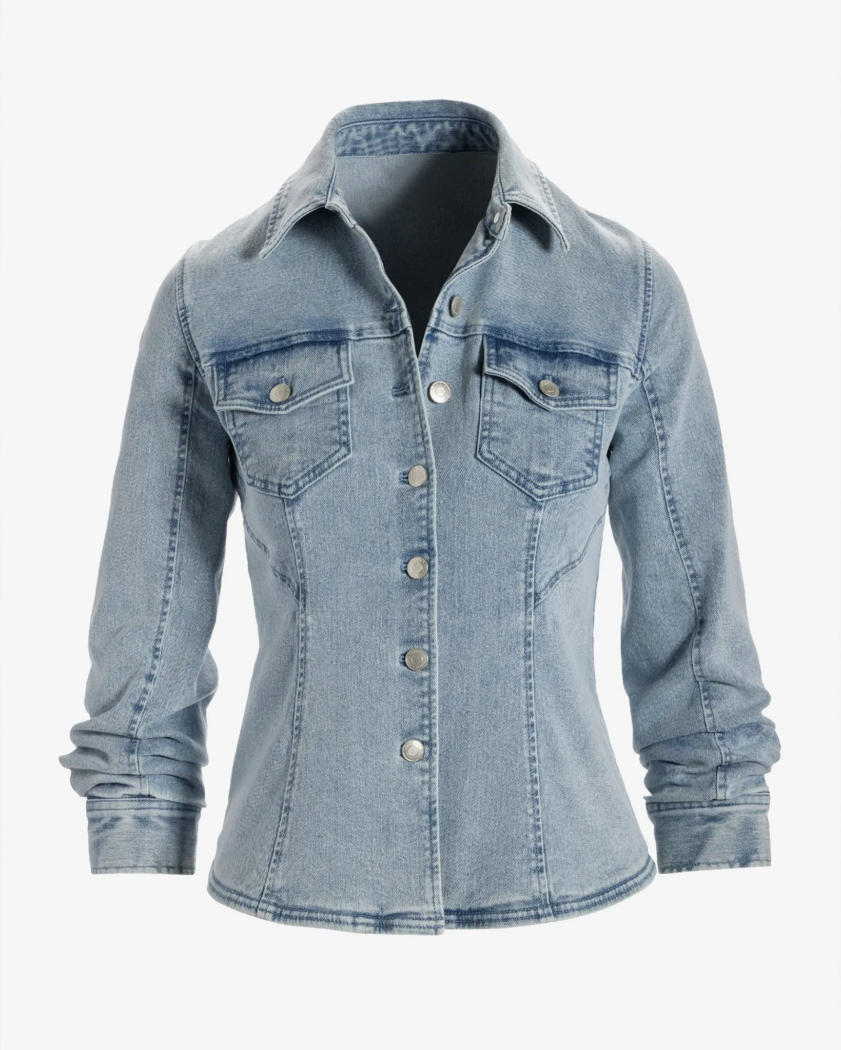 Ruched Sleeve Shaped Denim Jacket Light Wash