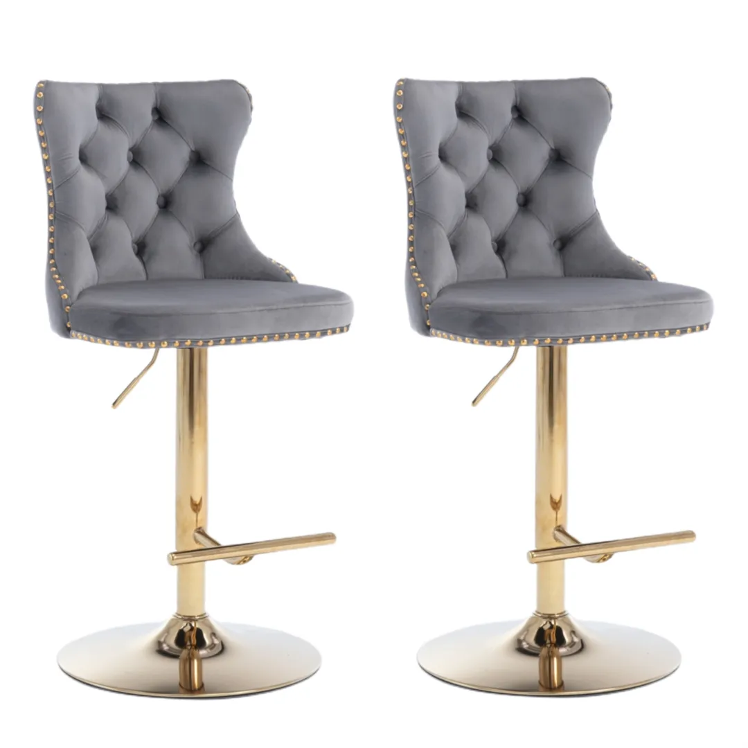 Set of 2 Grey Velvet Oldham Adjustable Swivel Bar Stool Studs Barstool Gold Coloured Base
