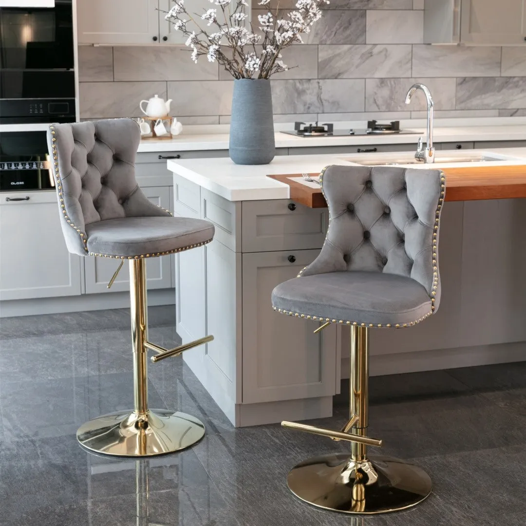 Set of 2 Grey Velvet Oldham Adjustable Swivel Bar Stool Studs Barstool Gold Coloured Base
