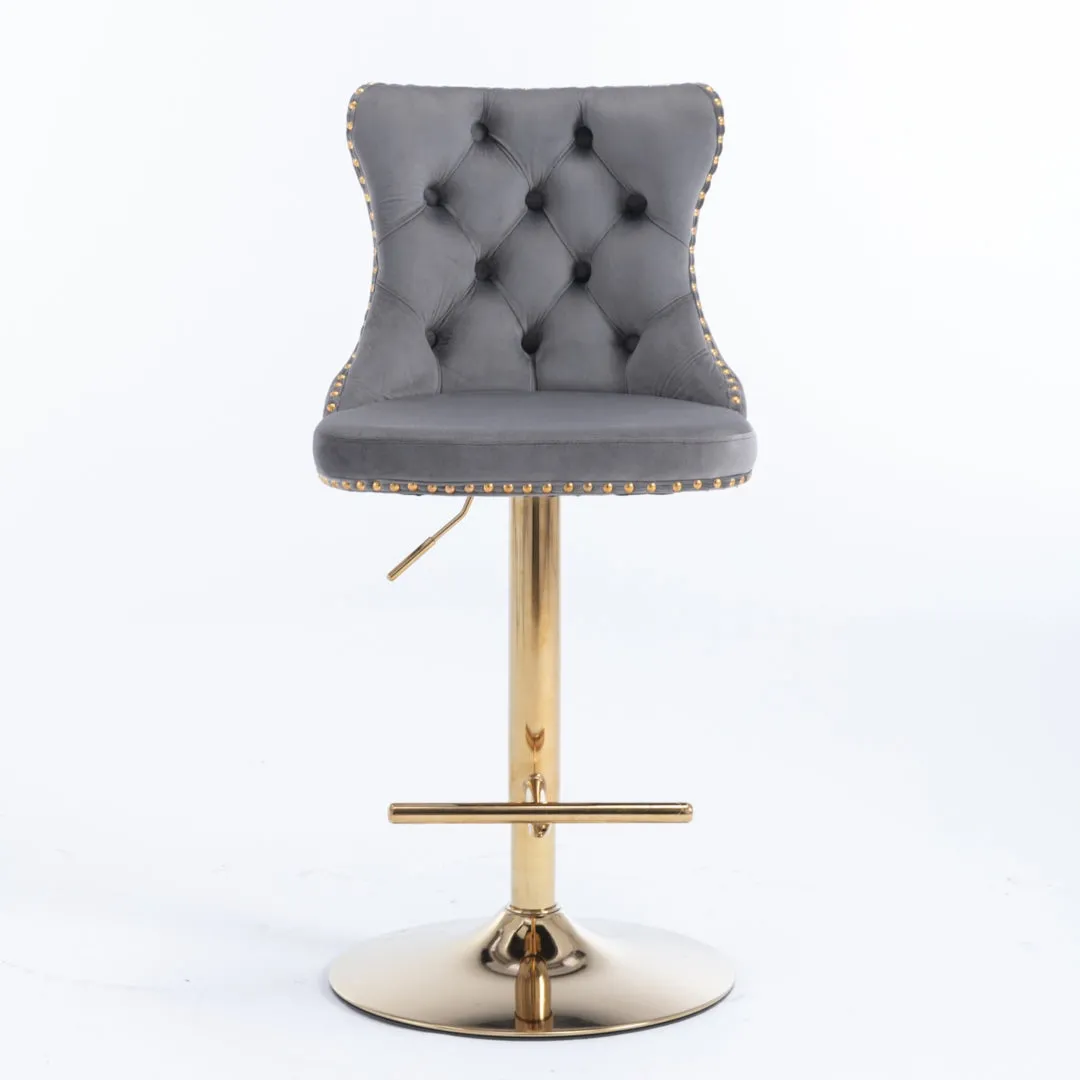 Set of 2 Grey Velvet Oldham Adjustable Swivel Bar Stool Studs Barstool Gold Coloured Base