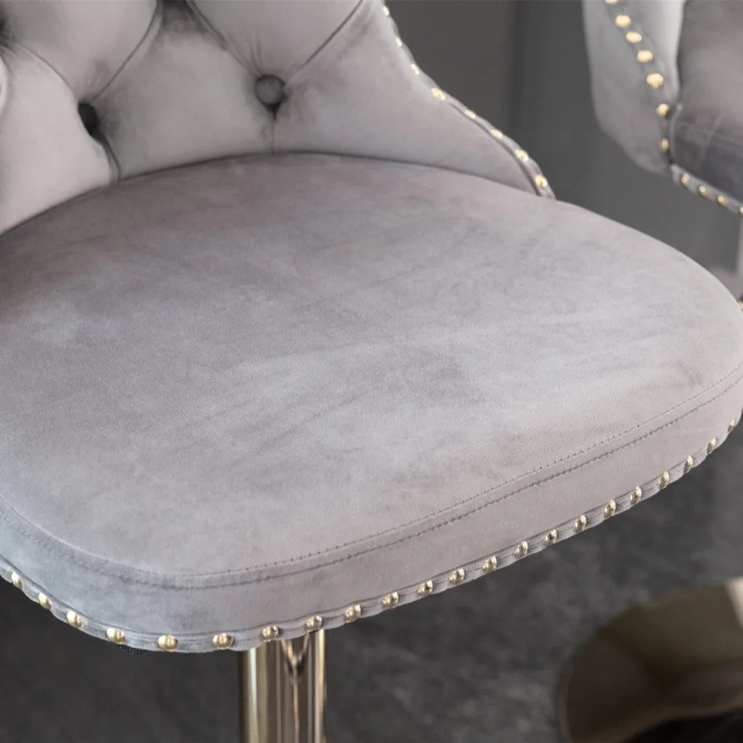 Set of 2 Grey Velvet Oldham Adjustable Swivel Bar Stool Studs Barstool Gold Coloured Base