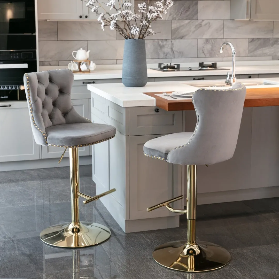 Set of 2 Grey Velvet Oldham Adjustable Swivel Bar Stool Studs Barstool Gold Coloured Base