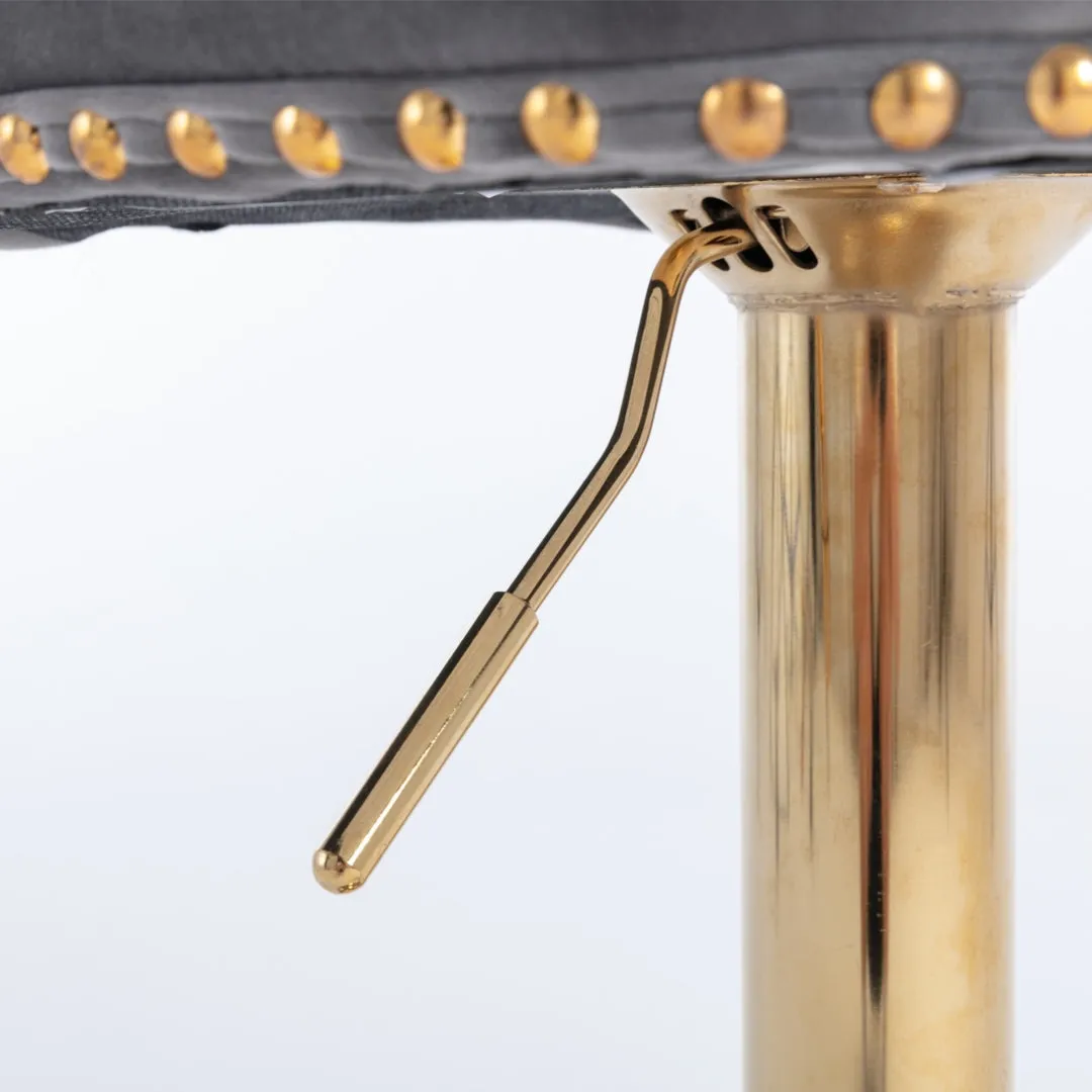 Set of 2 Grey Velvet Oldham Adjustable Swivel Bar Stool Studs Barstool Gold Coloured Base