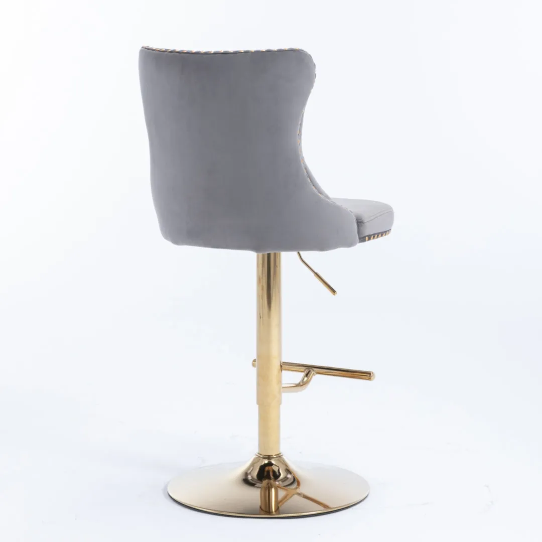 Set of 2 Grey Velvet Oldham Adjustable Swivel Bar Stool Studs Barstool Gold Coloured Base
