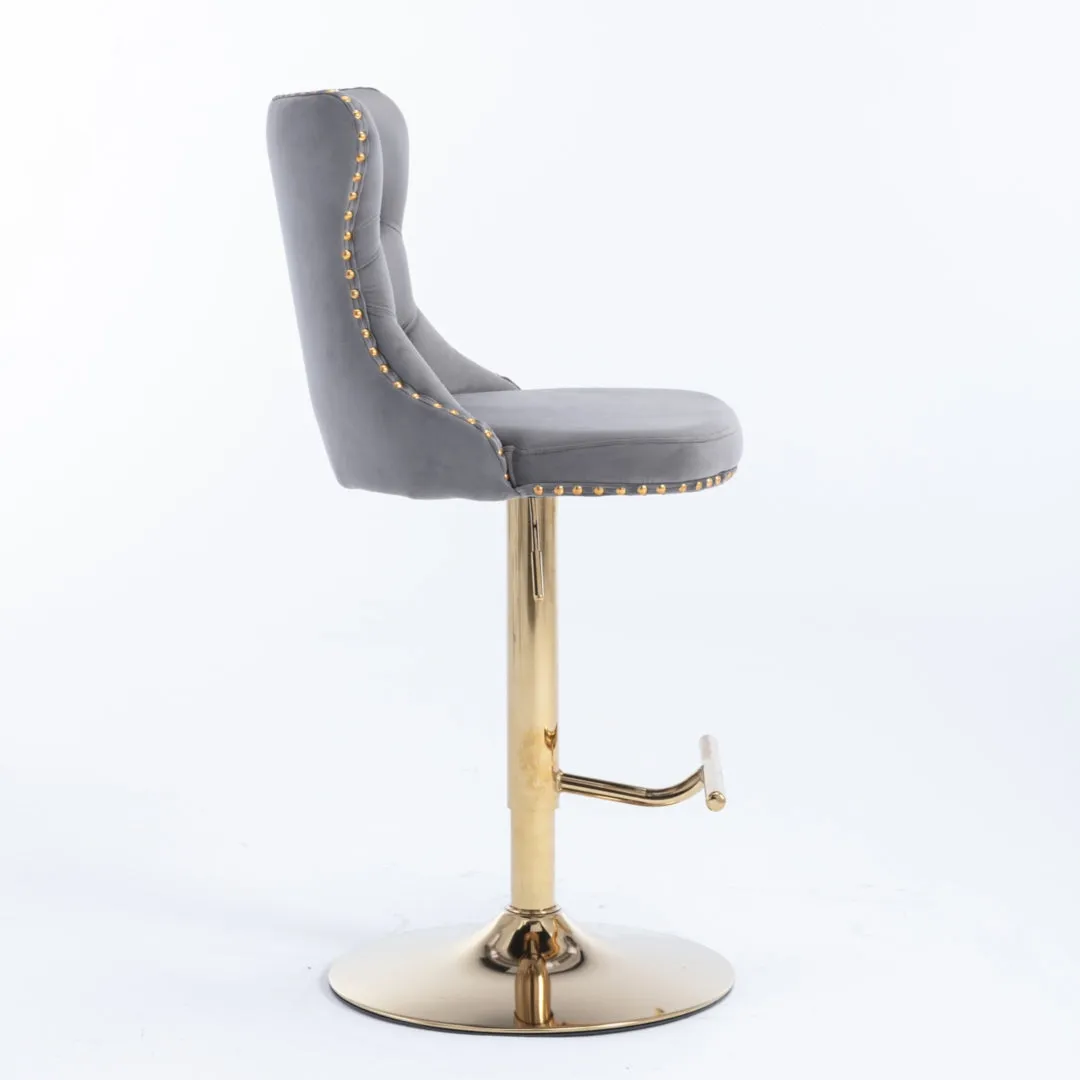 Set of 2 Grey Velvet Oldham Adjustable Swivel Bar Stool Studs Barstool Gold Coloured Base