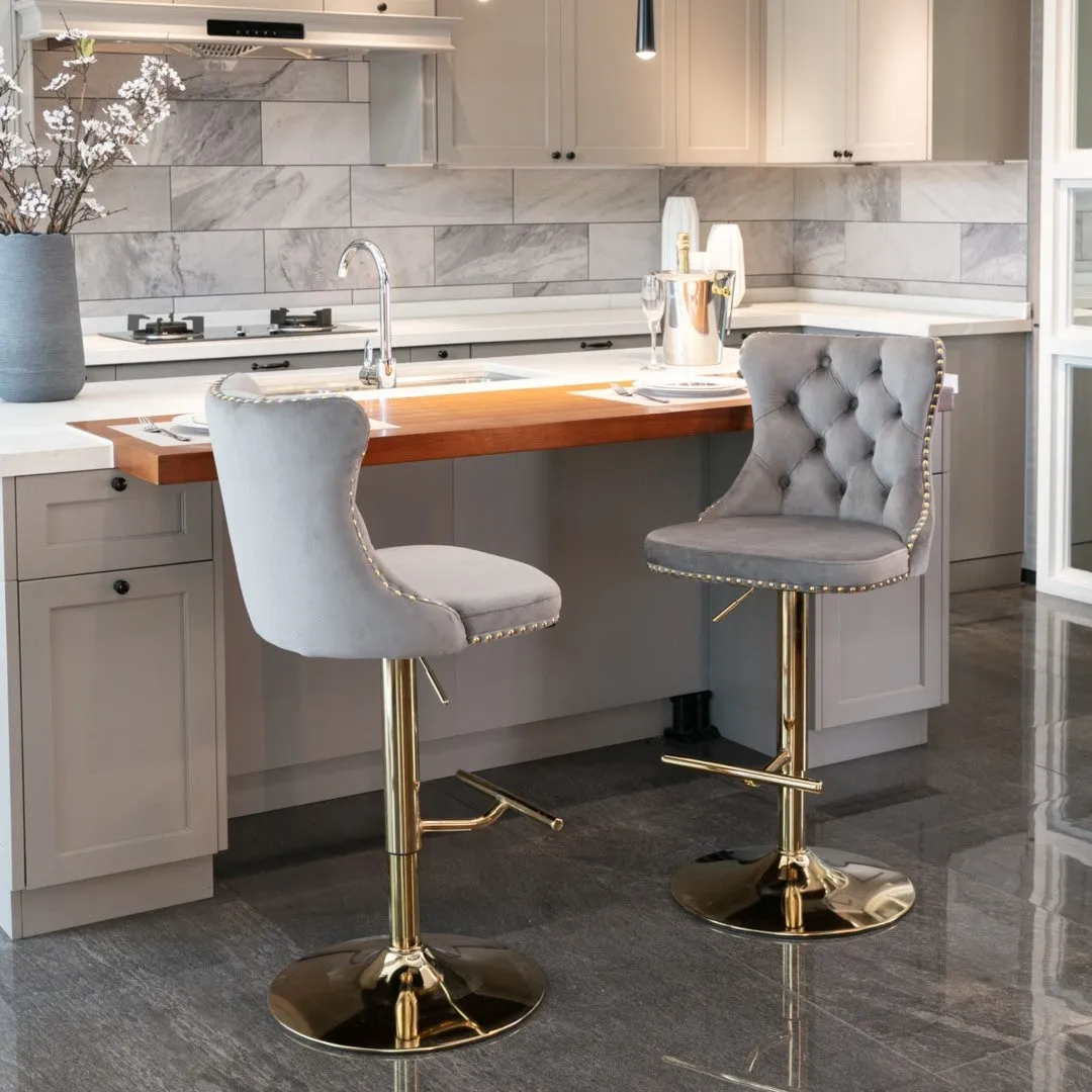 Set of 2 Grey Velvet Oldham Adjustable Swivel Bar Stool Studs Barstool Gold Coloured Base
