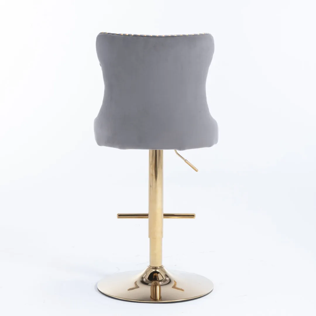 Set of 2 Grey Velvet Oldham Adjustable Swivel Bar Stool Studs Barstool Gold Coloured Base