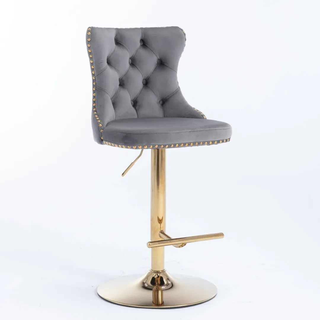 Set of 2 Grey Velvet Oldham Adjustable Swivel Bar Stool Studs Barstool Gold Coloured Base