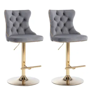 Set of 2 Grey Velvet Oldham Adjustable Swivel Bar Stool Studs Barstool Gold Coloured Base
