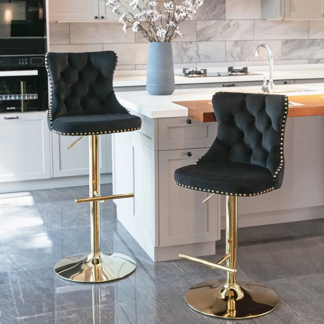 Set of 2 Oldham Tuffed Black Velvet Studded bar Stools with Footrest Black