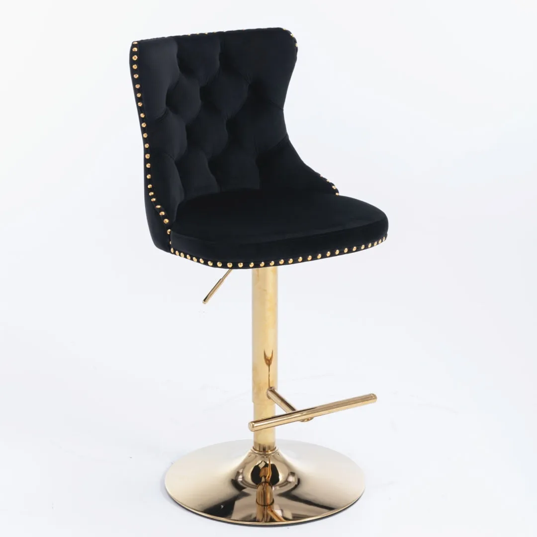 Set of 2 Oldham Tuffed Black Velvet Studded bar Stools with Footrest Black
