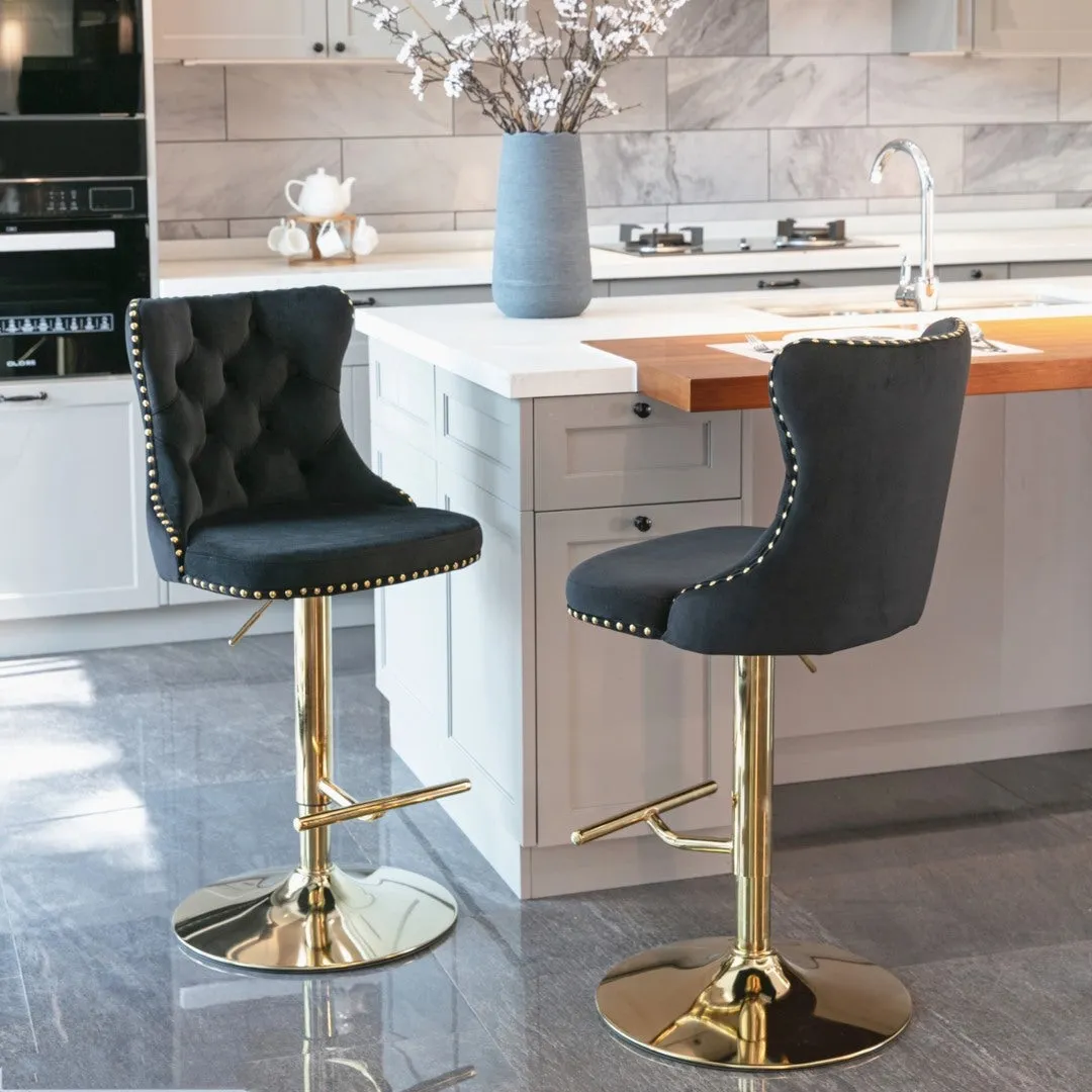 Set of 2 Oldham Tuffed Black Velvet Studded bar Stools with Footrest Black