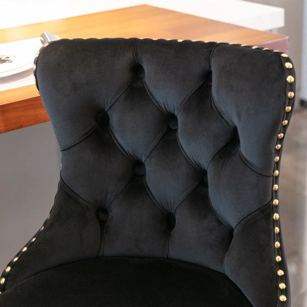 Set of 2 Oldham Tuffed Black Velvet Studded bar Stools with Footrest Black