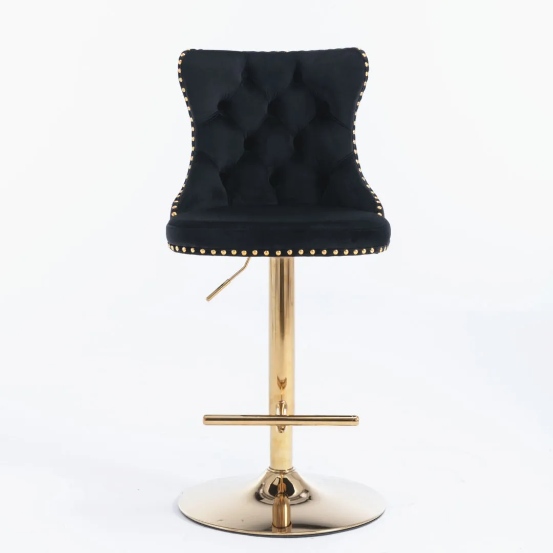 Set of 2 Oldham Tuffed Black Velvet Studded bar Stools with Footrest Black