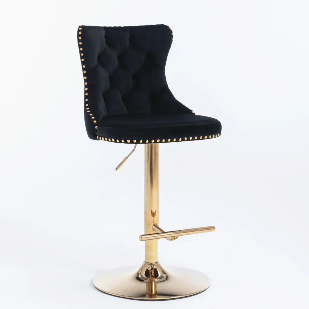Set of 2 Oldham Tuffed Black Velvet Studded bar Stools with Footrest Black