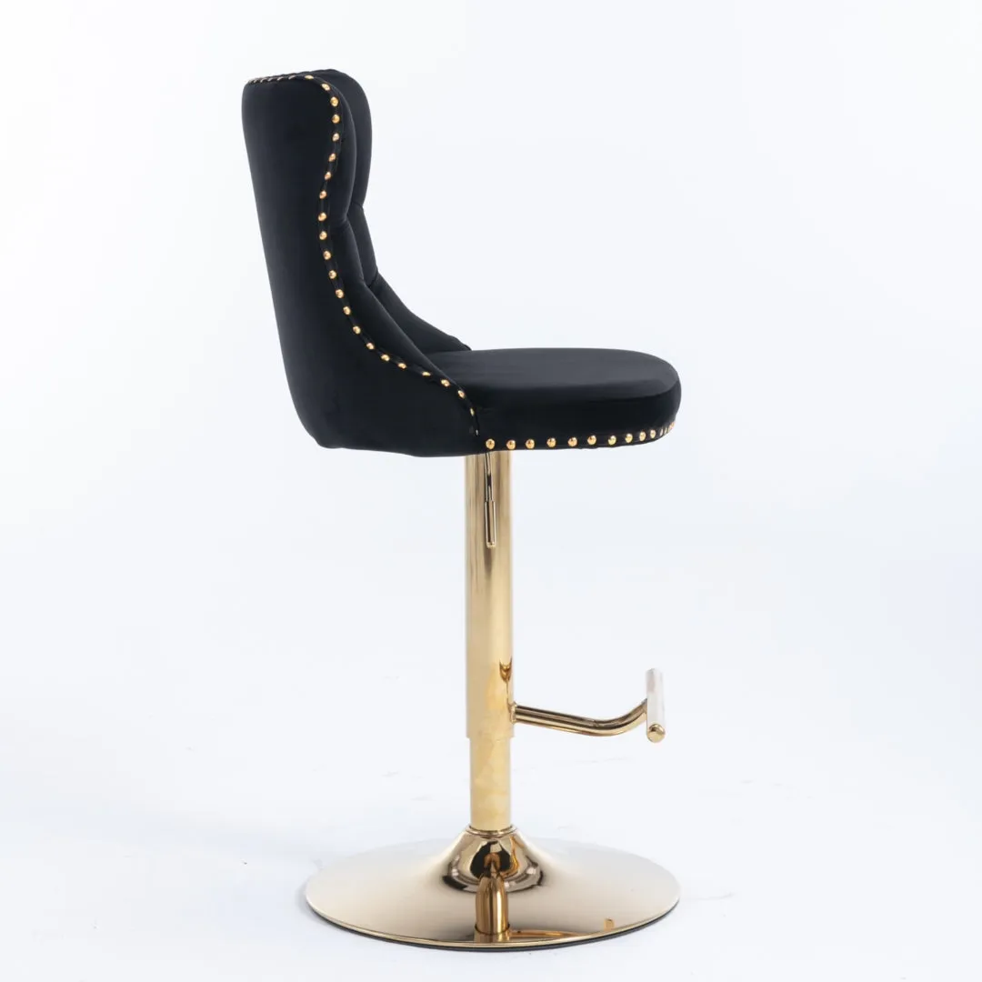 Set of 2 Oldham Tuffed Black Velvet Studded bar Stools with Footrest Black
