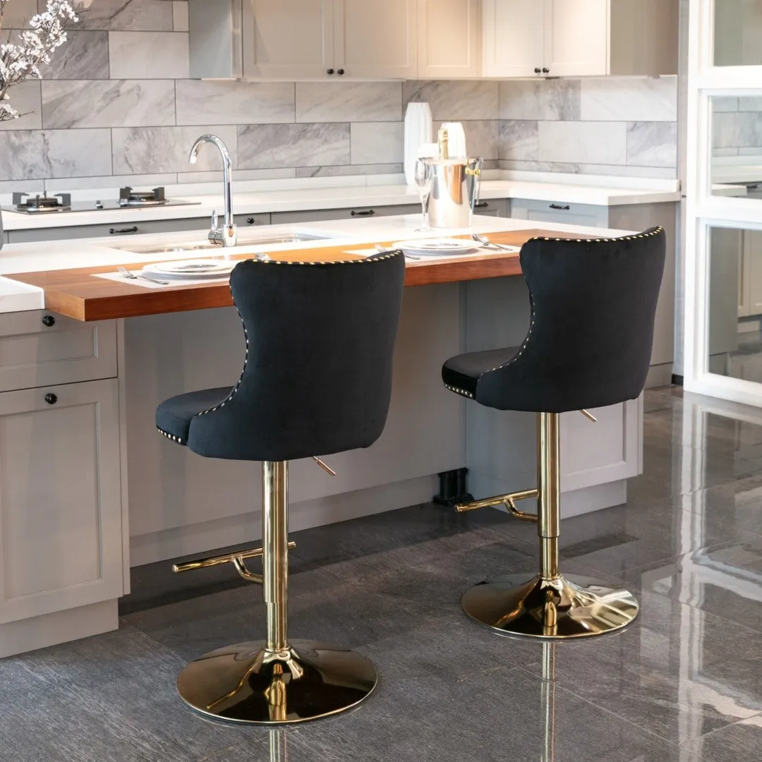 Set of 2 Oldham Tuffed Black Velvet Studded bar Stools with Footrest Black