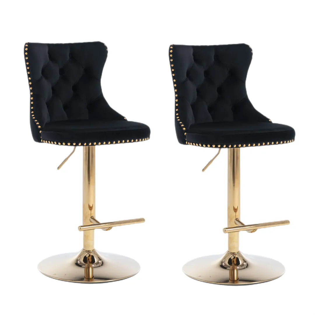 Set of 2 Oldham Tuffed Black Velvet Studded bar Stools with Footrest Black
