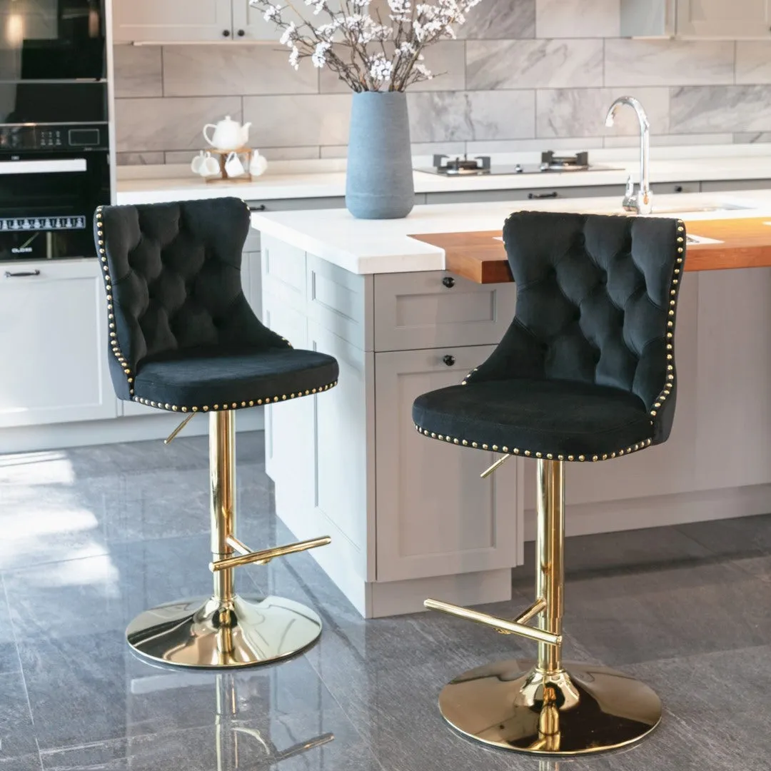Set of 2 Oldham Tuffed Black Velvet Studded bar Stools with Footrest Black