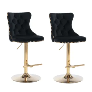 Set of 2 Oldham Tuffed Black Velvet Studded bar Stools with Footrest Black