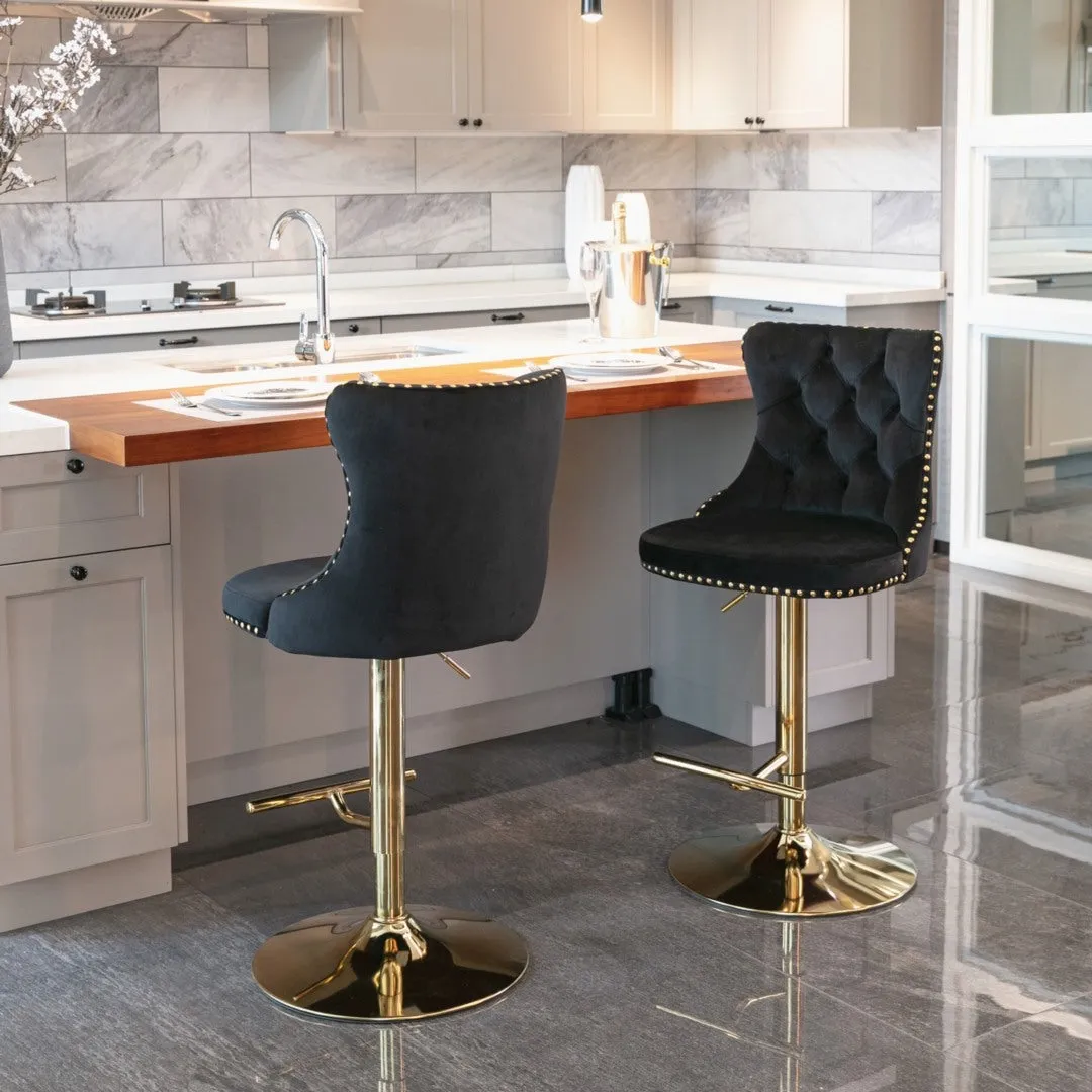 Set of 2 Oldham Tuffed Black Velvet Studded bar Stools with Footrest Black