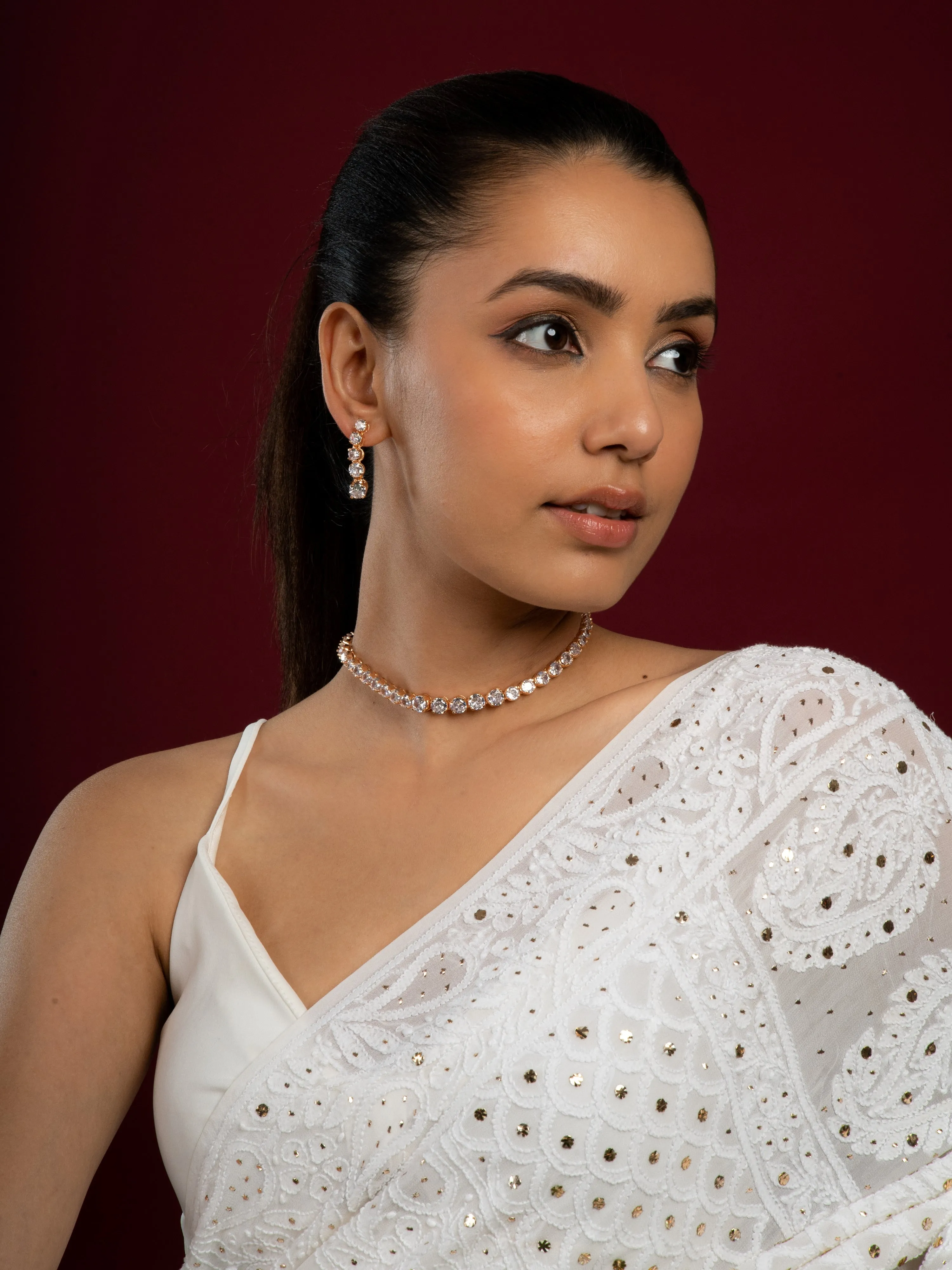 Shimmering American Diamond Choker Set (Necklace With Earrings Set)