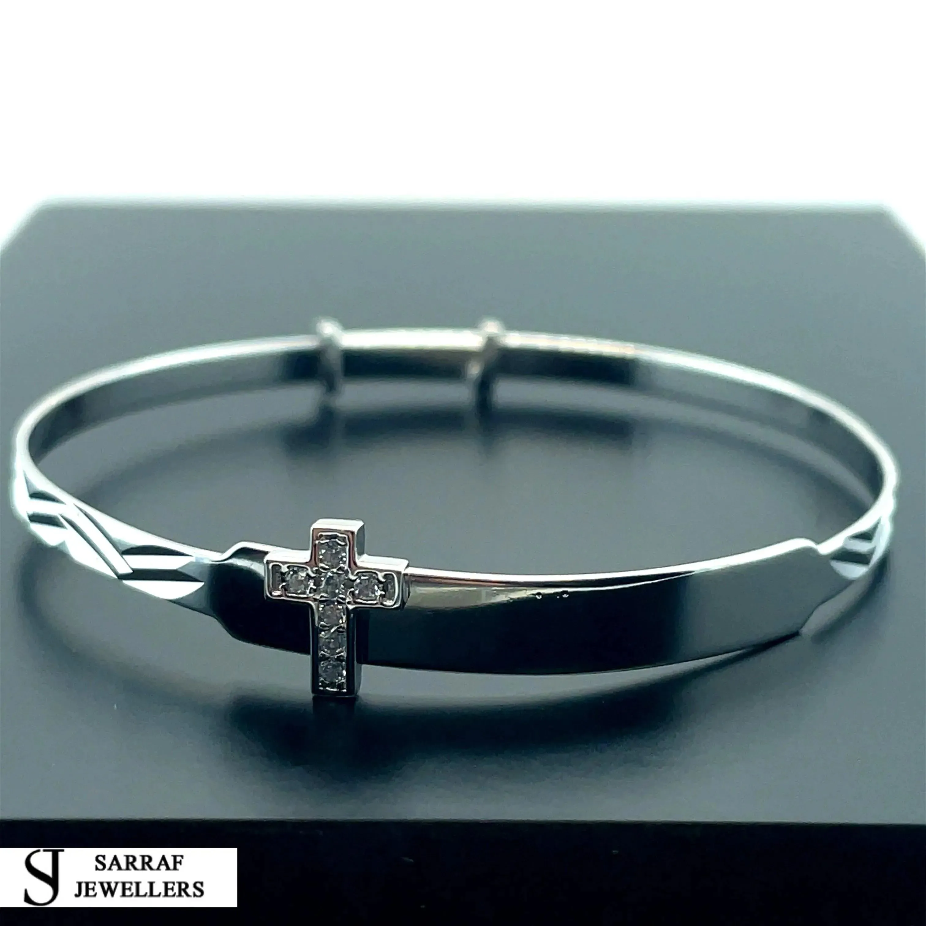 Silver Baby Cross Design ID Bangle Diamond Cut Simulated Diamond | Shop Online Sarraf Jewellers