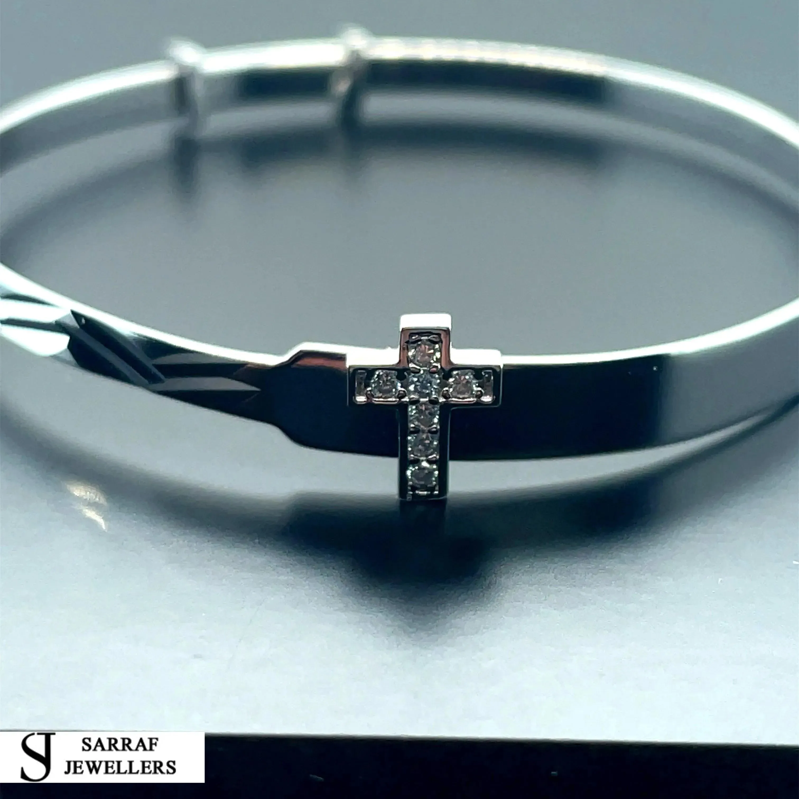 Silver Baby Cross Design ID Bangle Diamond Cut Simulated Diamond | Shop Online Sarraf Jewellers