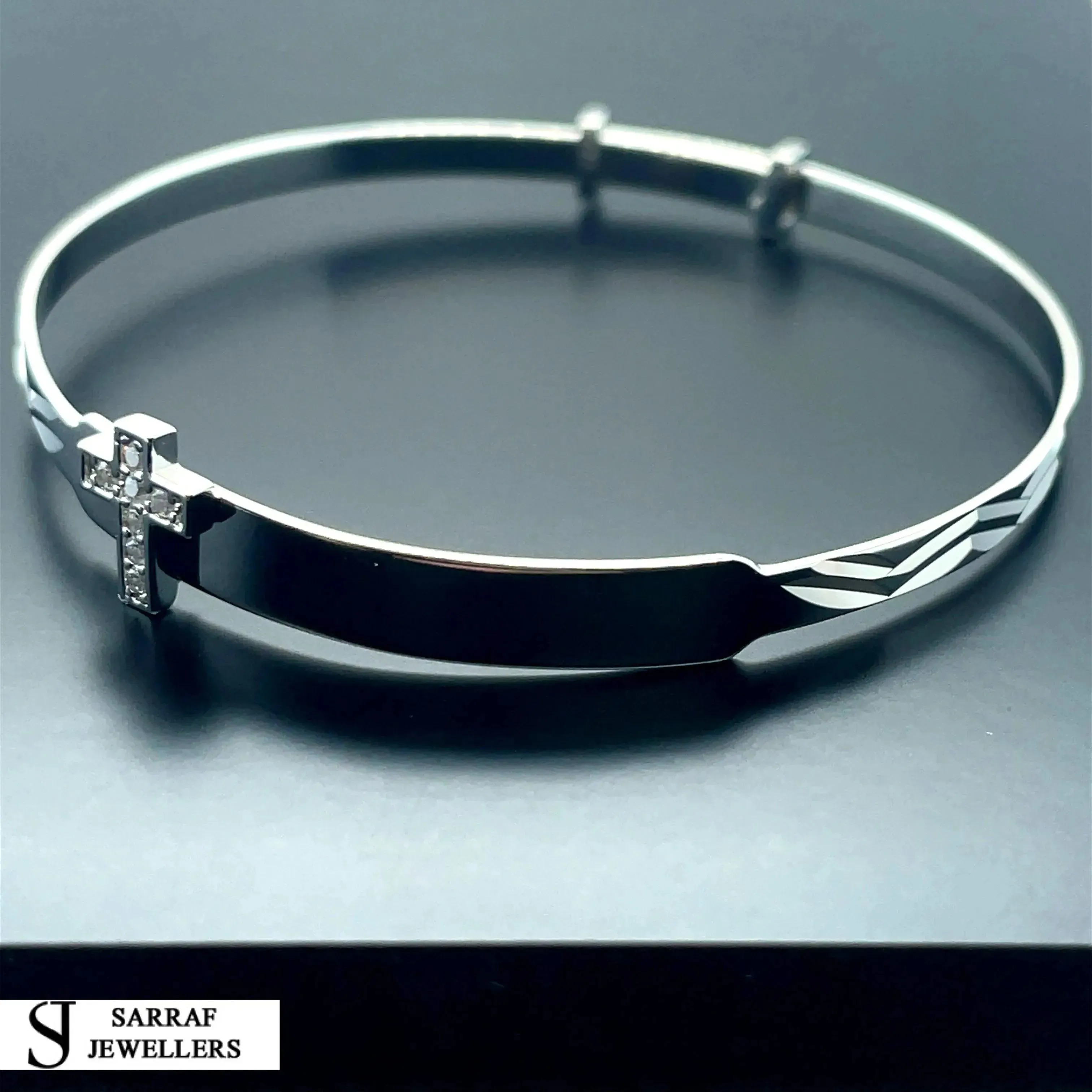 Silver Baby Cross Design ID Bangle Diamond Cut Simulated Diamond | Shop Online Sarraf Jewellers