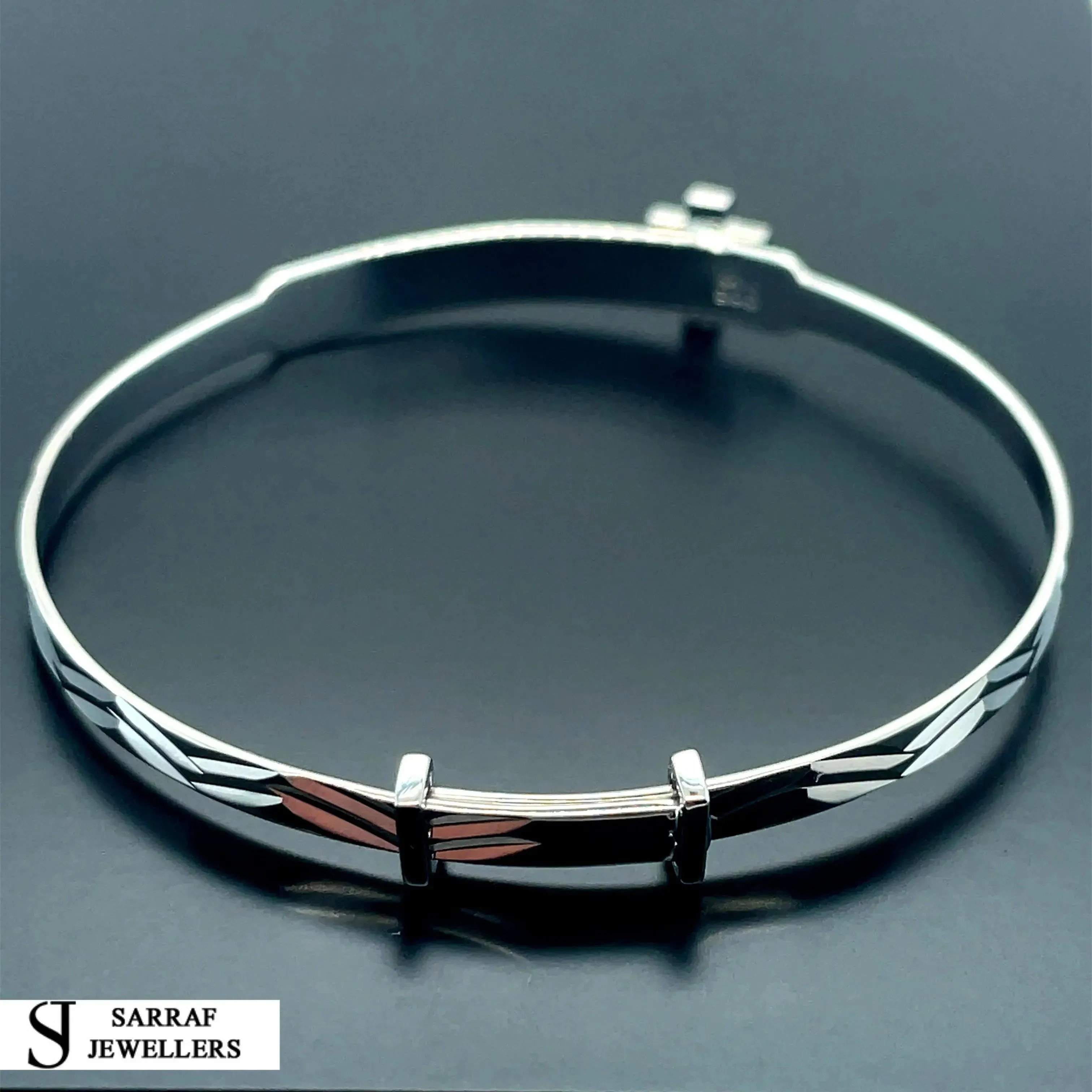 Silver Baby Cross Design ID Bangle Diamond Cut Simulated Diamond | Shop Online Sarraf Jewellers