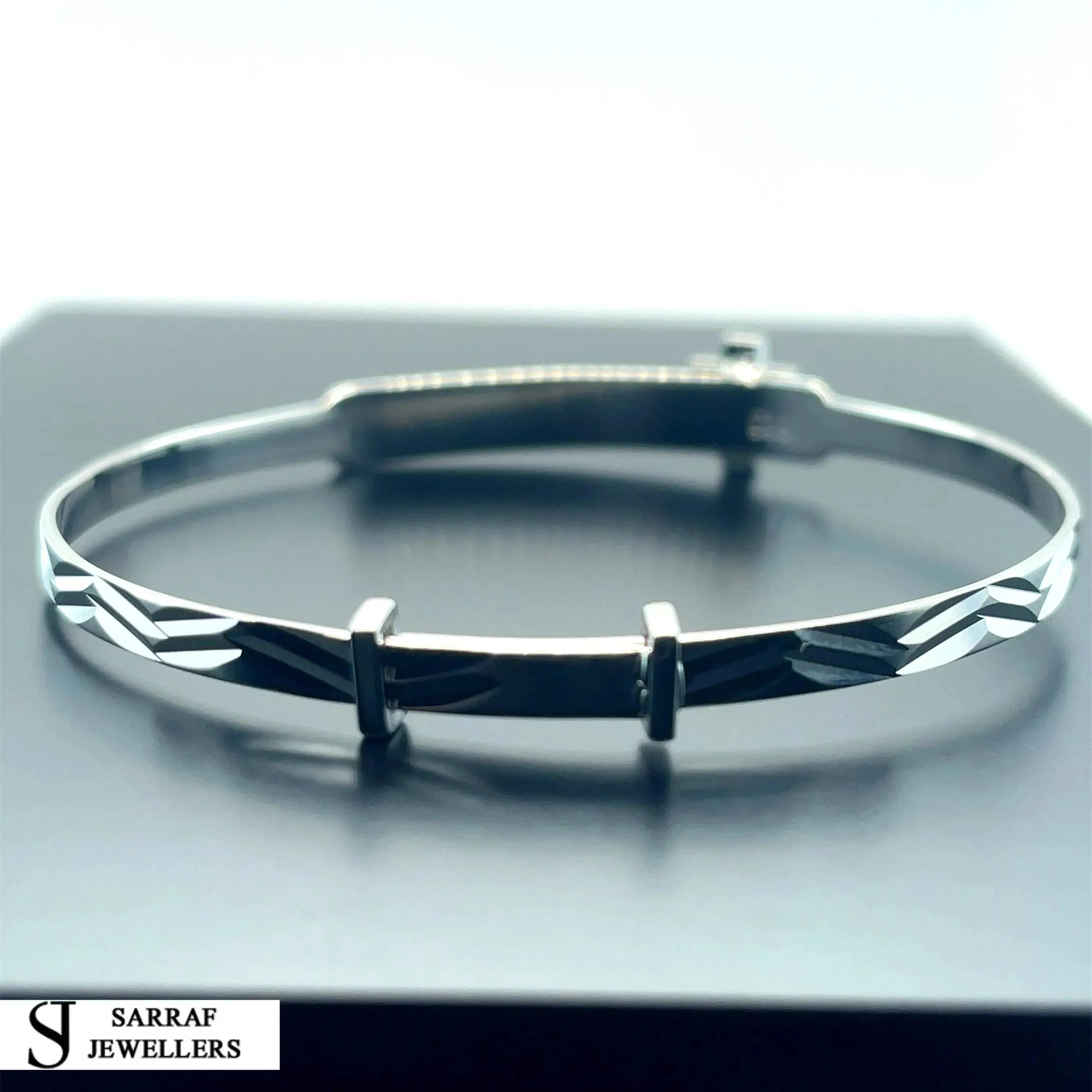 Silver Baby Cross Design ID Bangle Diamond Cut Simulated Diamond | Shop Online Sarraf Jewellers