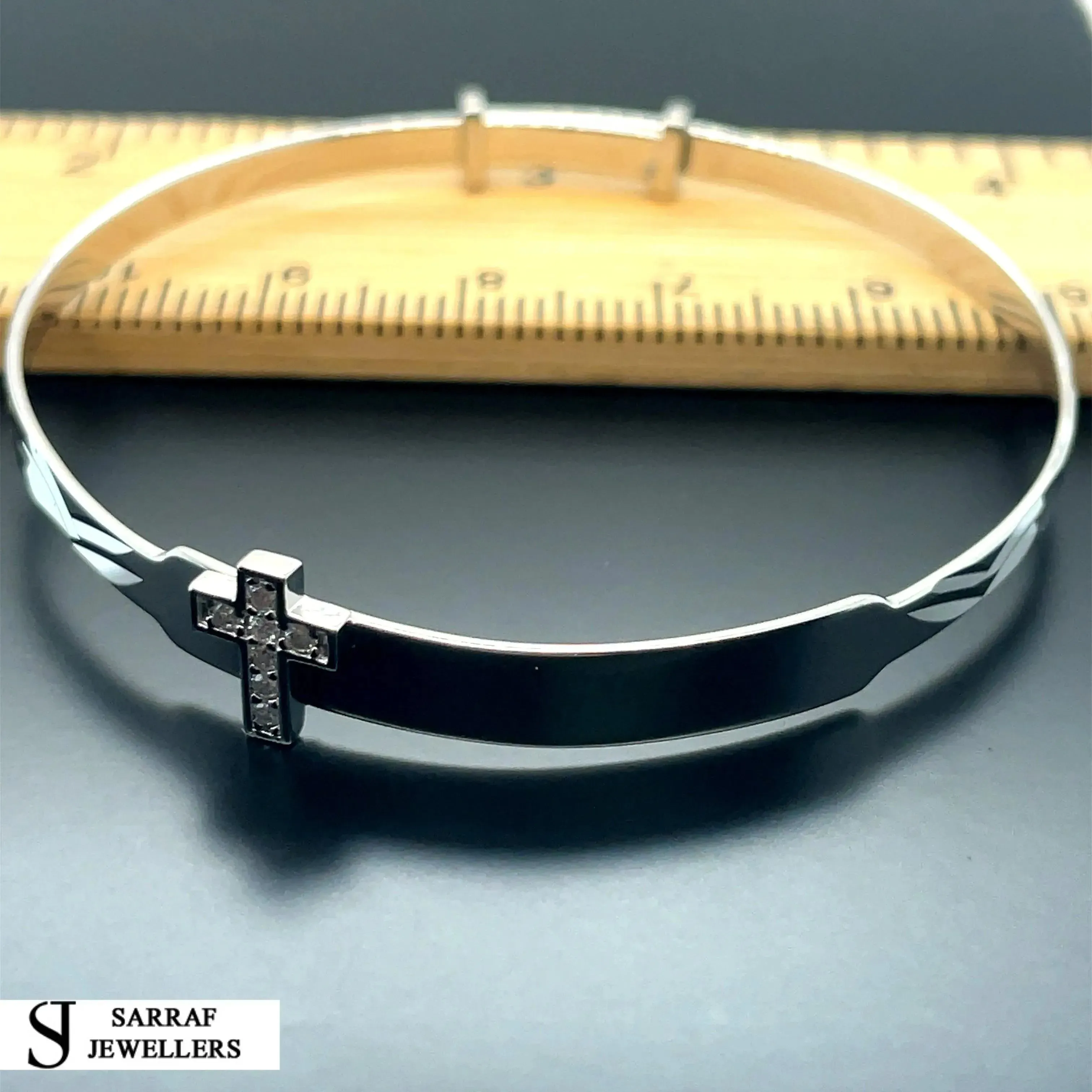Silver Baby Cross Design ID Bangle Diamond Cut Simulated Diamond | Shop Online Sarraf Jewellers