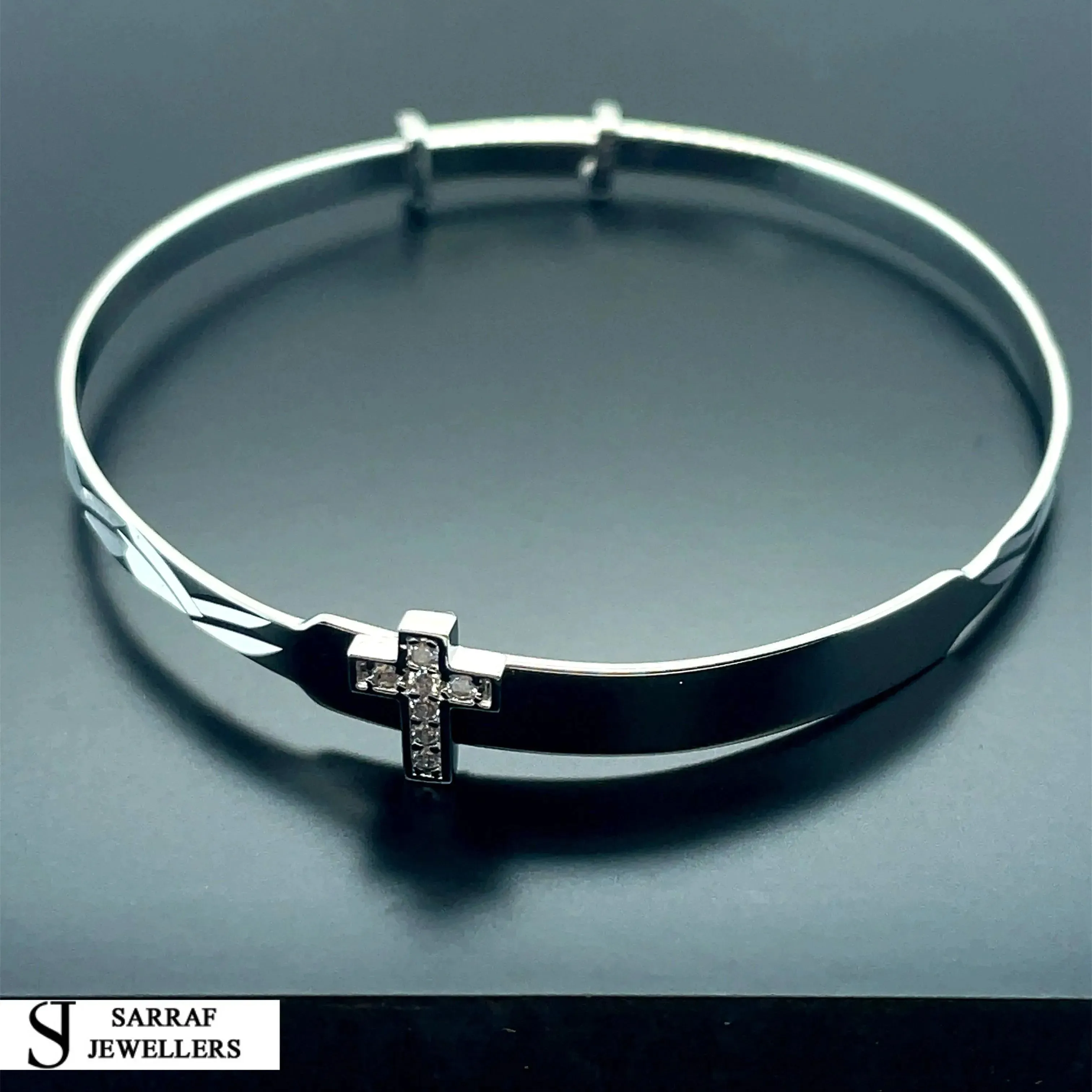 Silver Baby Cross Design ID Bangle Diamond Cut Simulated Diamond | Shop Online Sarraf Jewellers