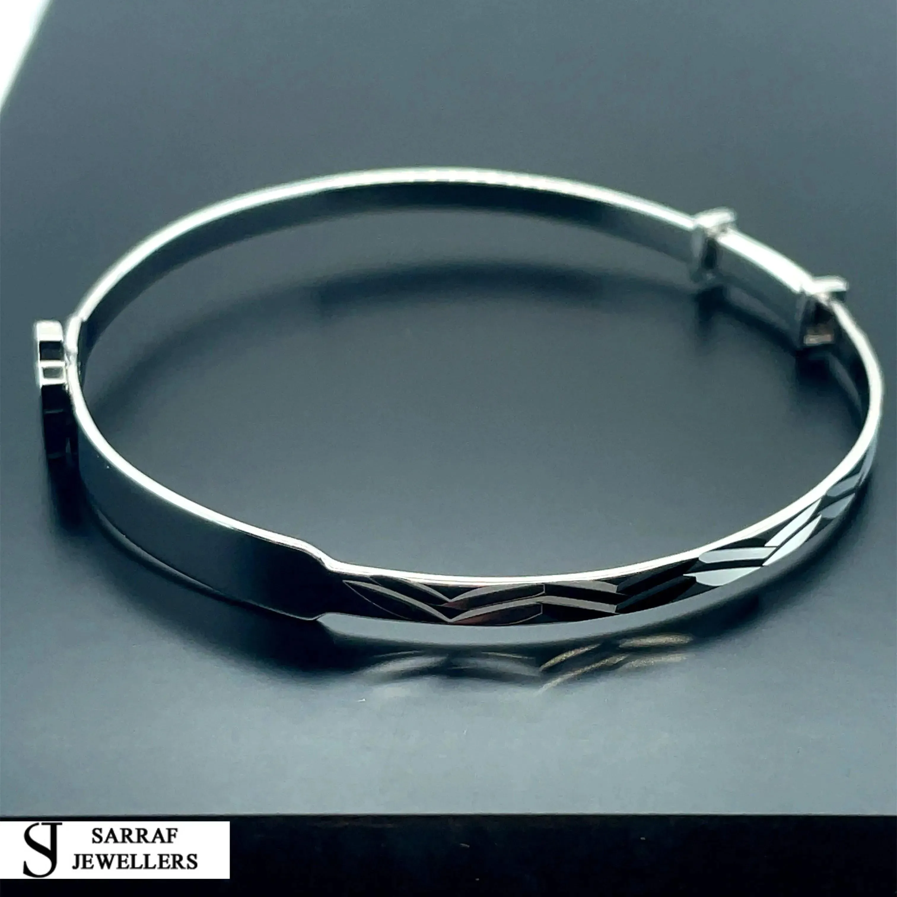 Silver Baby Cross Design ID Bangle Diamond Cut Simulated Diamond | Shop Online Sarraf Jewellers