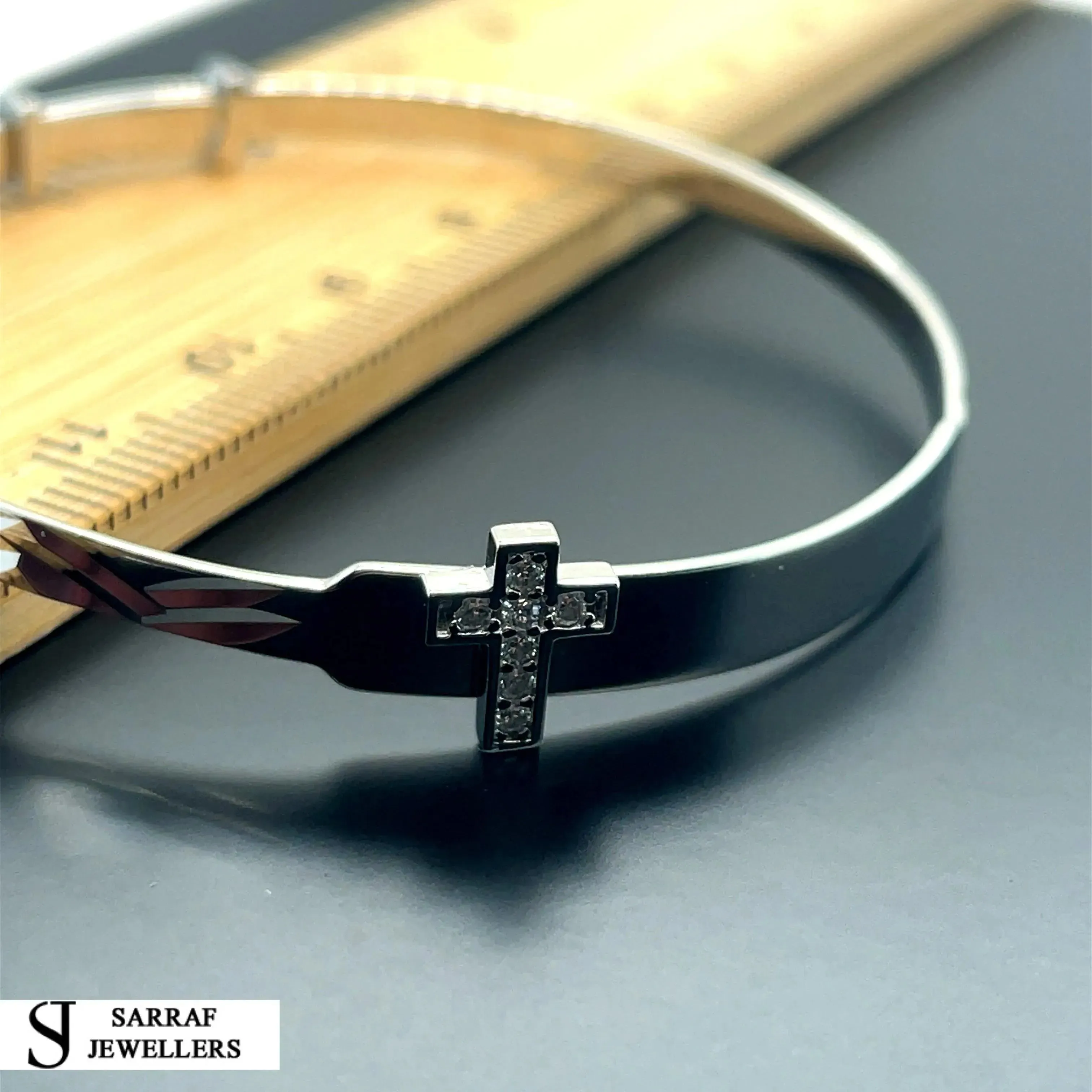 Silver Baby Cross Design ID Bangle Diamond Cut Simulated Diamond | Shop Online Sarraf Jewellers