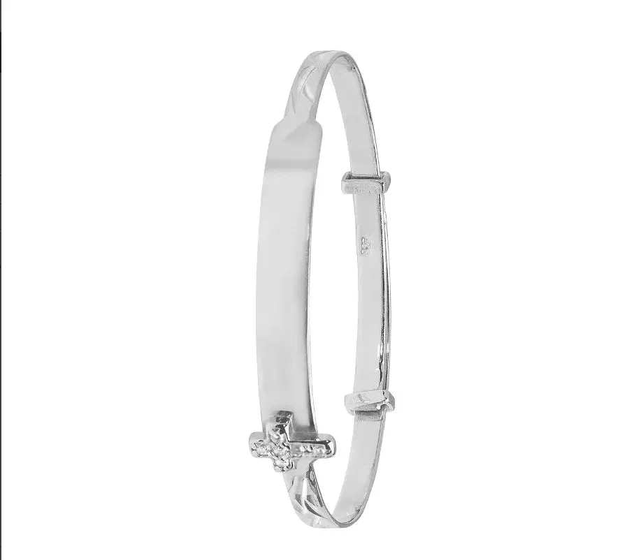 Silver Baby Cross Design ID Bangle Diamond Cut Simulated Diamond | Shop Online Sarraf Jewellers