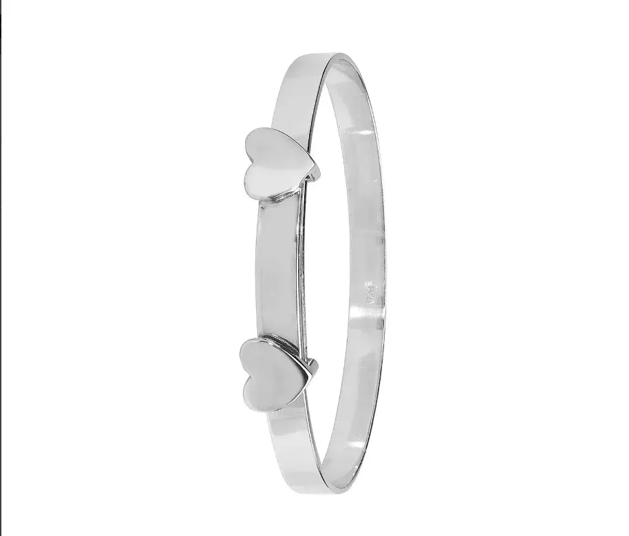 Silver Baby Double Heart Bangle Plain Design Simulated Diamond Expandable | Shop Online Sarraf Jewellers UK