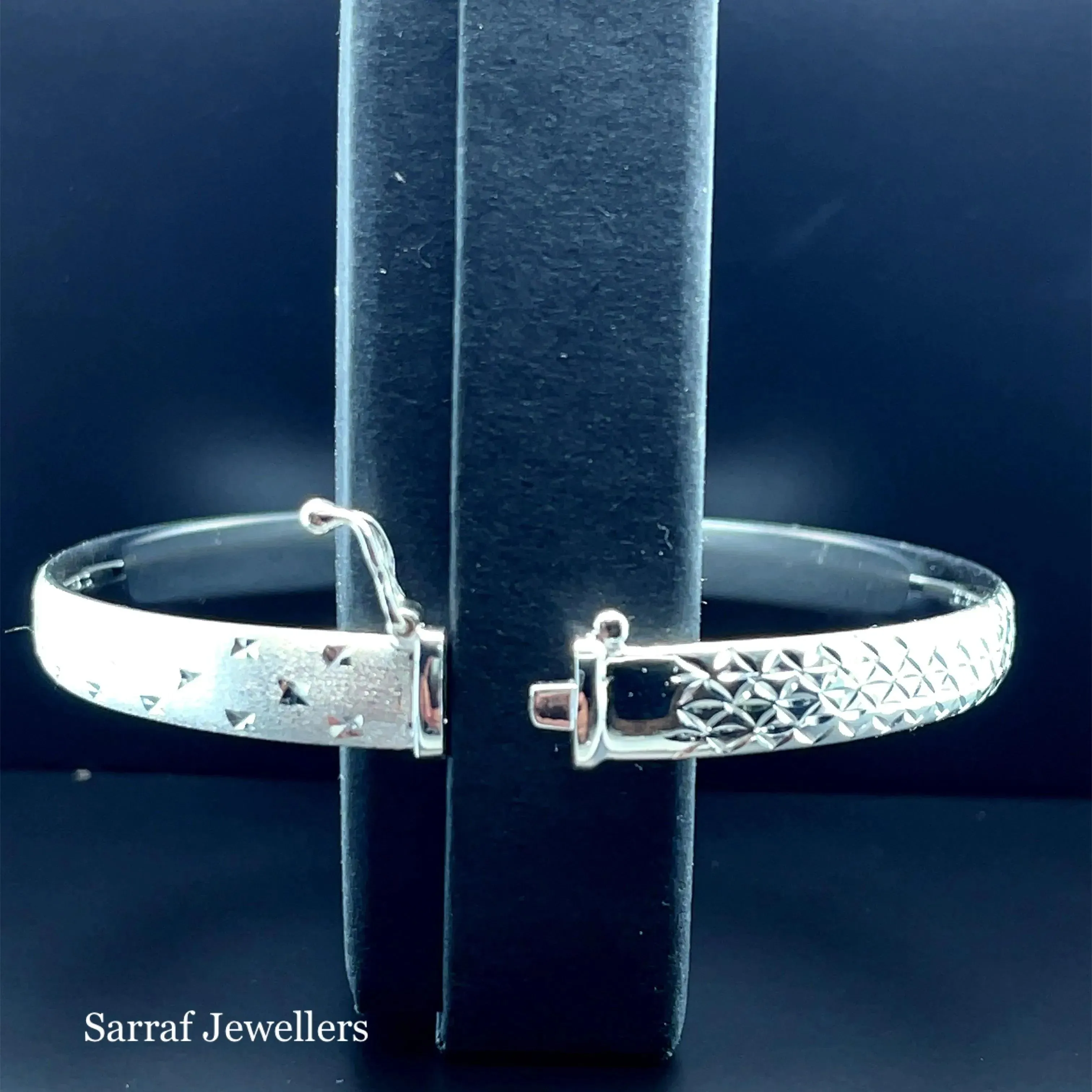 Silver Ladies Frosted Hinged Bangle Oval Diamond Cut Design | Shop Online Sarraf Jewellers UK