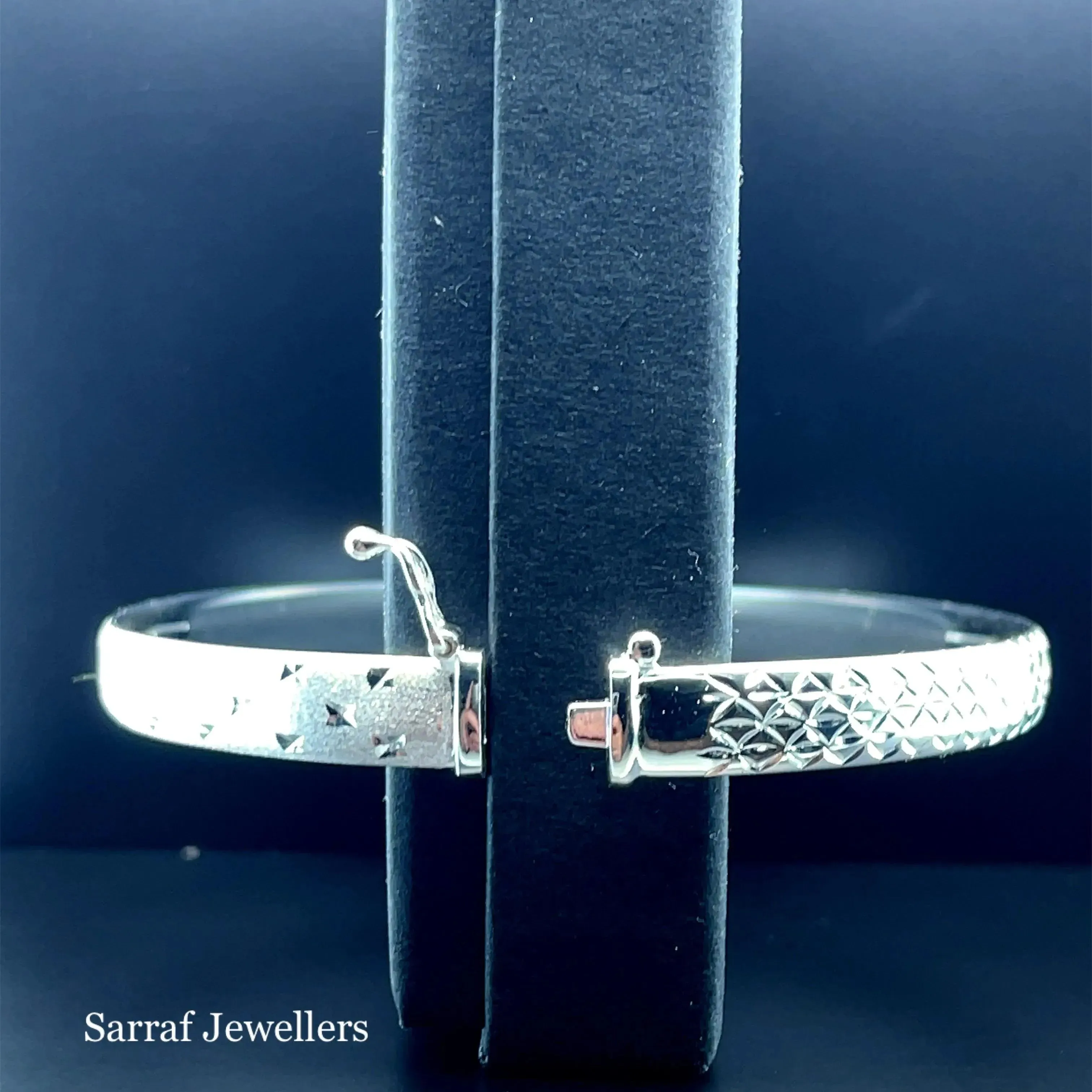 Silver Ladies Frosted Hinged Bangle Oval Diamond Cut Design | Shop Online Sarraf Jewellers UK